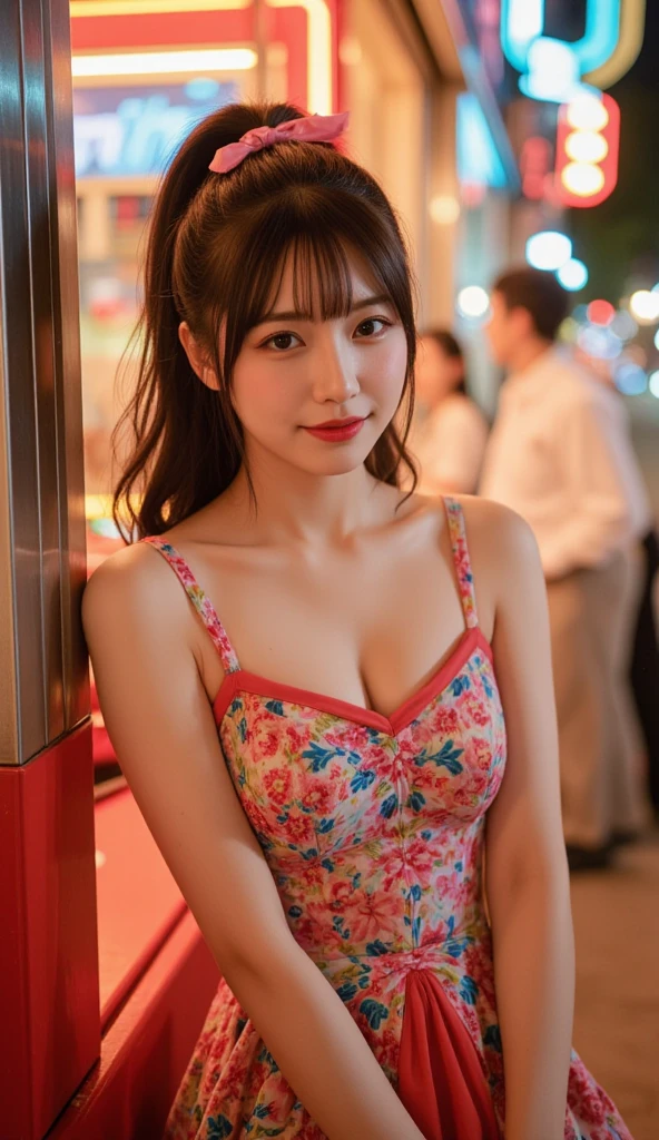 Beautiful woman in a night dress dancing vigorously in a crowded night club、Low - Angle