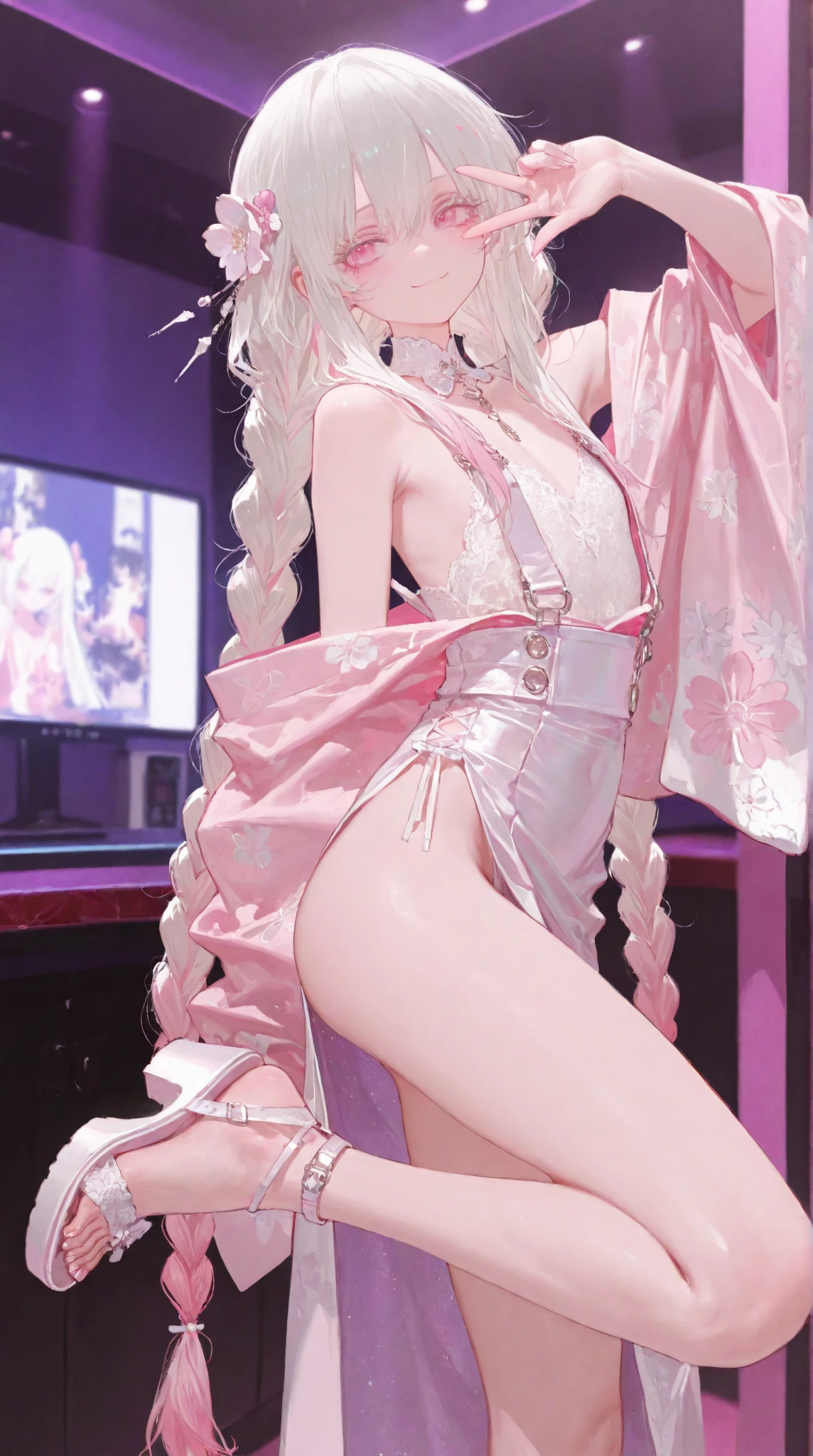 silber hair、long curly hair、Golden Eyes、teens girl、View of the crotch from below、flat chest、Thin pubic hair、Beautiful open legs、low angles、pole dance
