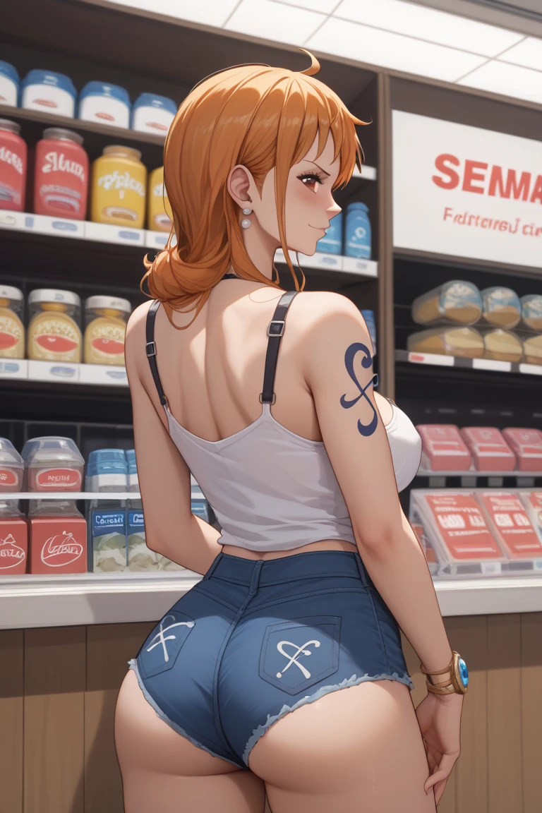 ​masterpiece、hightquality、1girl , 1 character only、独奏、makima , chainsaw man anime, anime style, (hair between eye)、standing straight, back view, hands behind back and holding hands, looking at me with devil smile at me through her shoulder