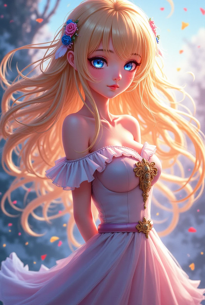 bare breasts、(satin、silk、(Ruffled Bra、panties))、Highest quality, Super Fine, 16K, Incredibly absurd, Very detailed, Beautiful and cute woman, shy, Big, bright eyes, Blonde double-sided princess hairstyle, Princess-like pink ruffled long flare skirt dress, Simple color background