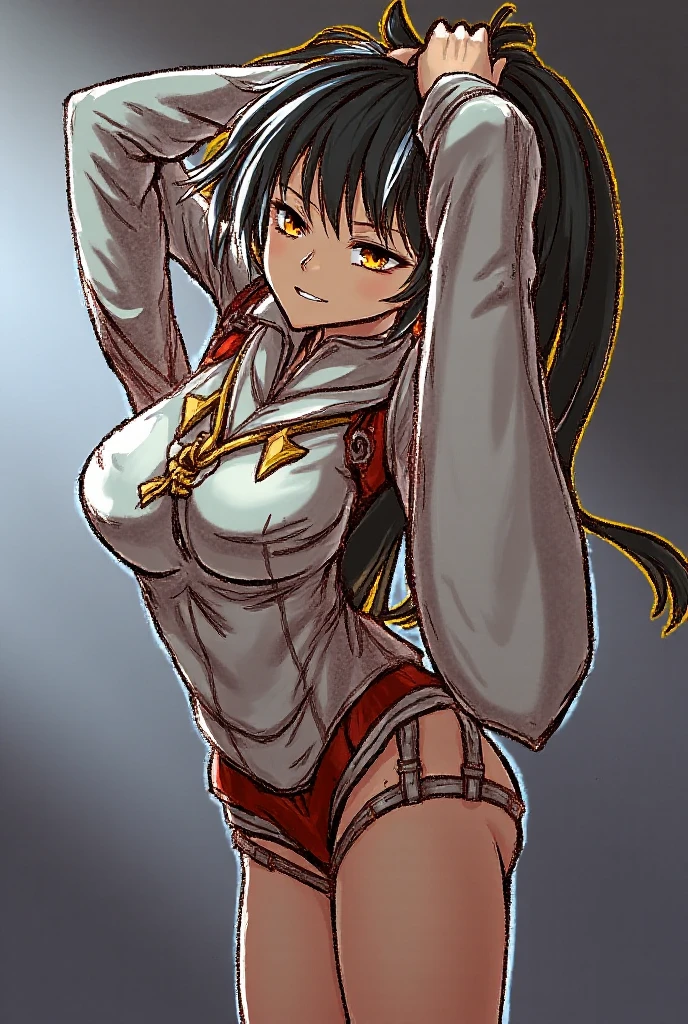 masterpiece, high resolution, best quality, rendered art, beautiful art, well formed fingers and hands, 1 woman, solo, Haruhi Suzumiya, hair ribbon, , grown up, 31 years old, large and round breasted, cleavage, full body, wearing a Iroha Samurai Spirits cosplay, Iroha_Samurai_Spirits_cosplay, maid hat, choker, fingerless gloves, black tights, sexy skimpy kimono, pelvic curtain, white maid uniform, doing exercise, warming up, working out, sexy and ivating training, smiling joyfully and happily , looking at the viewer, panties peek, sweating , bouncing breasts, t back thong, training montage session, beach environment             