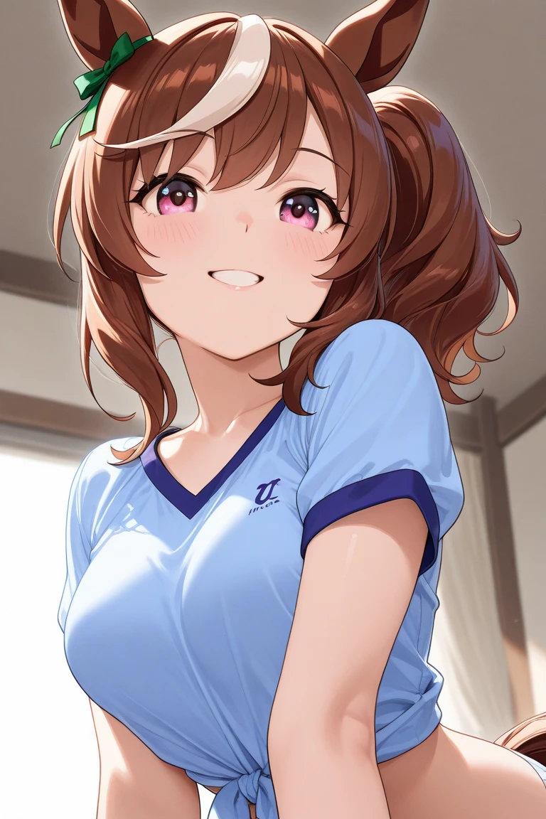 1 female, ONE PIECE STYLE, small kid dog girl, realistic lips oversized white t-shirt going all the way to the thighs, arms crossed propping up breast, hourglass figure, cat ears, in an apartment, sigh, light brown hair, purple eyes, laughing, best quality.