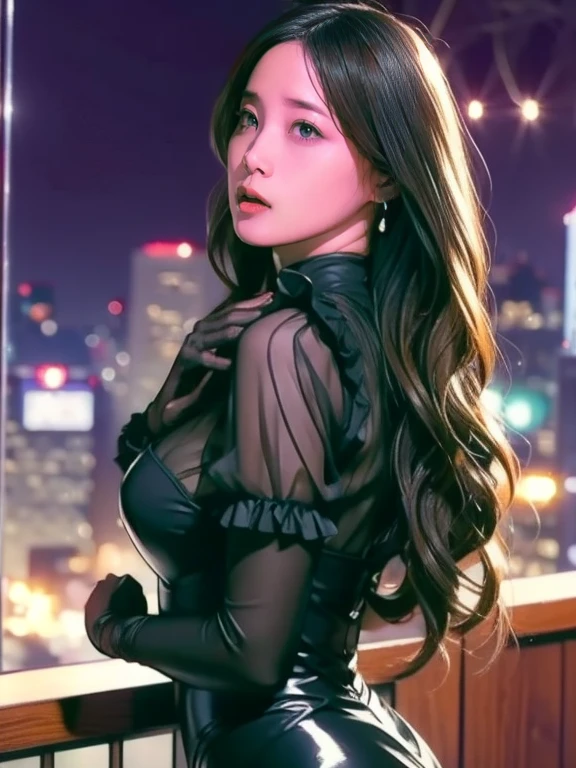 ((masterpiece, best quality, Highest image quality, high resolution, Reality, original photo, 8k)), A woman sitting on a city windowsill，Ultra wide angle, Watch from above, 