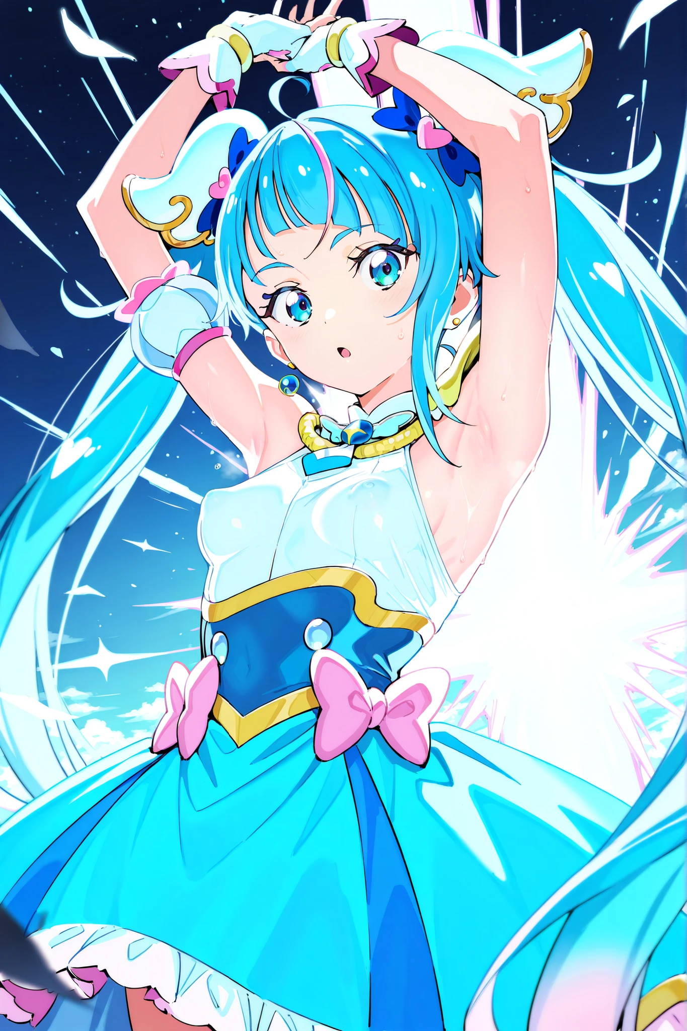 score 9, score 8 up, score 7 up, ultra-detailed, (best quality, (((masterpiece))), ultra detailed, ultra high res, absurdres, high-resolution, highest quality, very aesthetic, textile shading), source anime, (detailed eyes), (detailed face), uncensored, nsfw, BREAK, (ulrich /(tagaragakuin/)), (cure sky), (hirogaru sky! precure), small breasts, puffy nipples, armpits, sweat,