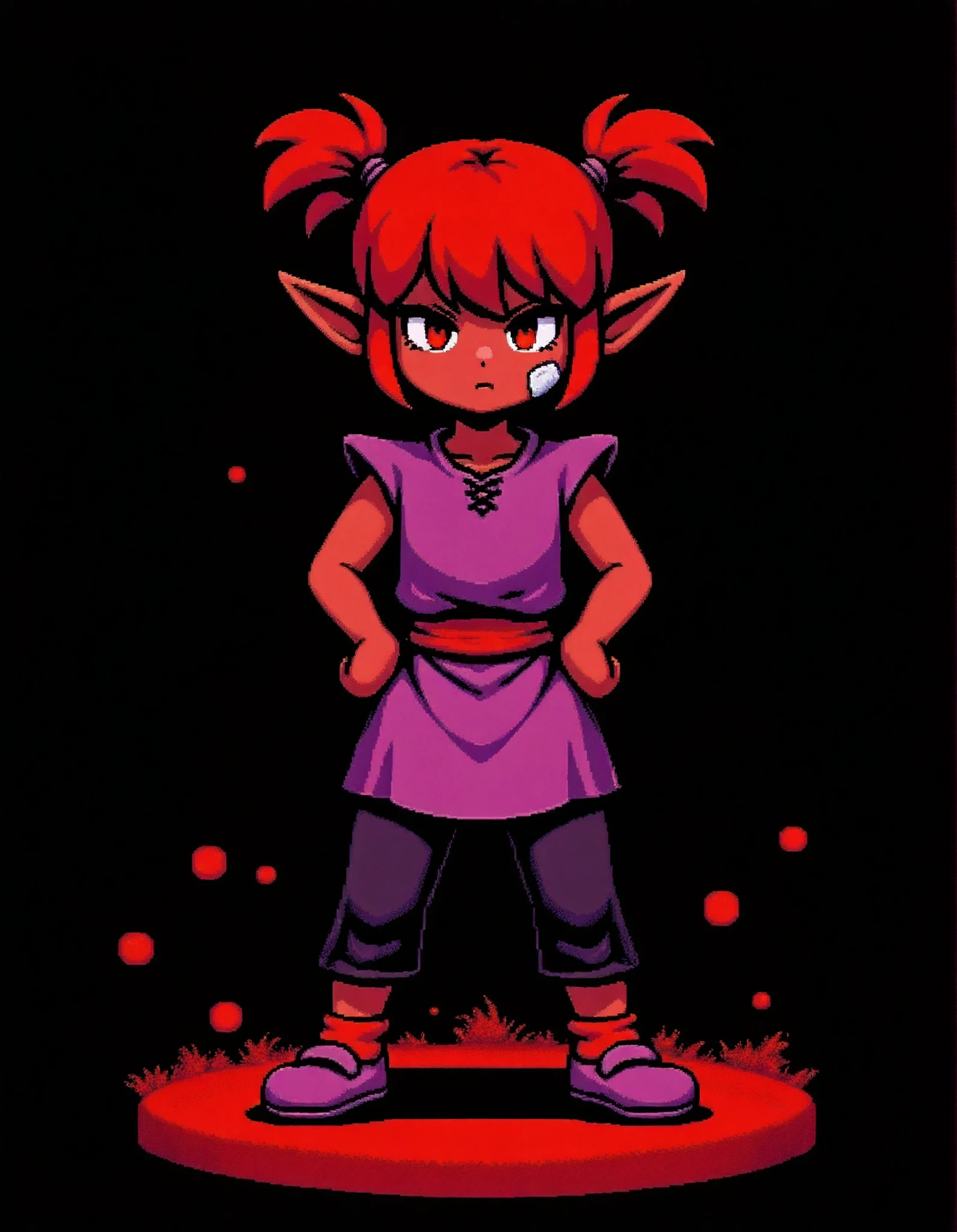 vbstyle, pixel art, red theme, masterpiece, best quality, very aesthetic, newest, 2024,, score_9, score_8_up, score_7_up, full body, pants, solo, transparent background, Front view, from front, 1girl, black backgrounds, tanding, black pants, pointy ears, Brown skin, red hair, short hair, short twin tails, Sleeveless, Tunic, purple dress, Purple shoes, red socks, eye on the shirt, bandaid on the face