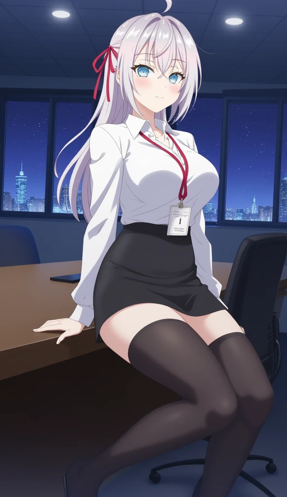 (Highest quality, High resolution, Very detailed), 1 female, Silver Hair, Long Hair, Reddish brown eyes, suit skirt, lace thong, garter belt, secretary, 24th generation, Beautiful woman, mature, quiet, Calm, Large Breasts, A small smile, office,