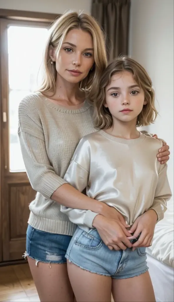 Skinny young family sweden with kids short hair blonde-redhead, in light short summer slit dress happy to play with animaux off "aquarium de la Rochelle" par une journée caniculaire 