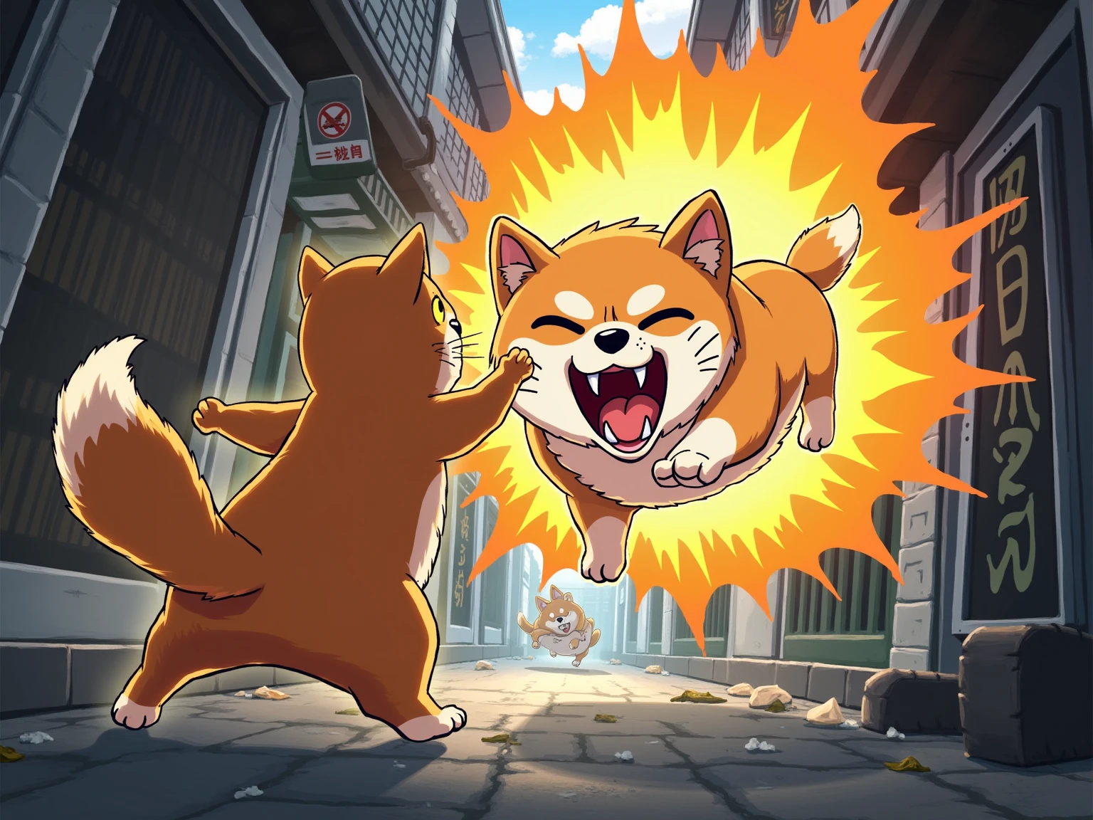 Anime style action scene, dynamic fight between a determined ginger tabby cat and a startled but fierce Shiba Inu dog, mid-air clash, intense energy aura, speed lines, exaggerated facial expressions, dramatic perspective from a low angle, vibrant colors, detailed background of a messy urban alleyway, volumetric lighting, high energy, masterpiece, trending on ArtStation.