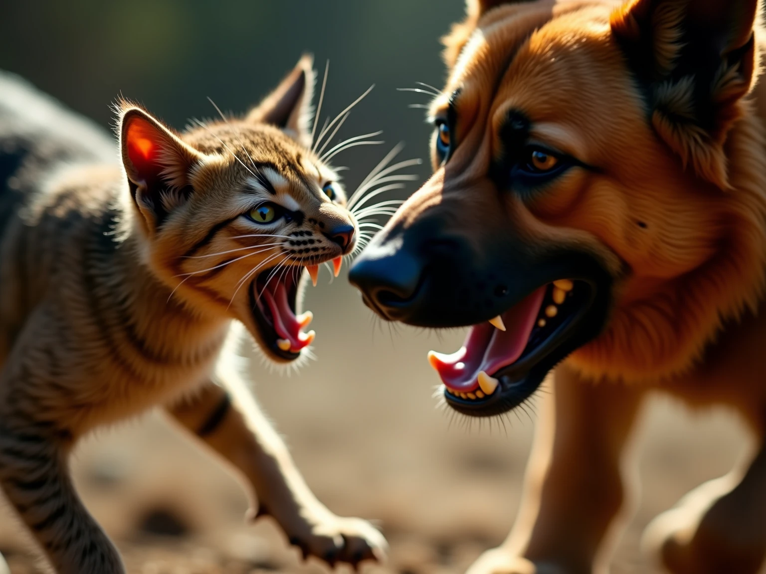 Anime style action scene, dynamic fight between a determined ginger tabby cat and a startled but fierce Shiba Inu dog, mid-air clash, intense energy aura, speed lines, exaggerated facial expressions, dramatic perspective from a low angle, vibrant colors, detailed background of a messy urban alleyway, volumetric lighting, high energy, masterpiece, trending on ArtStation.