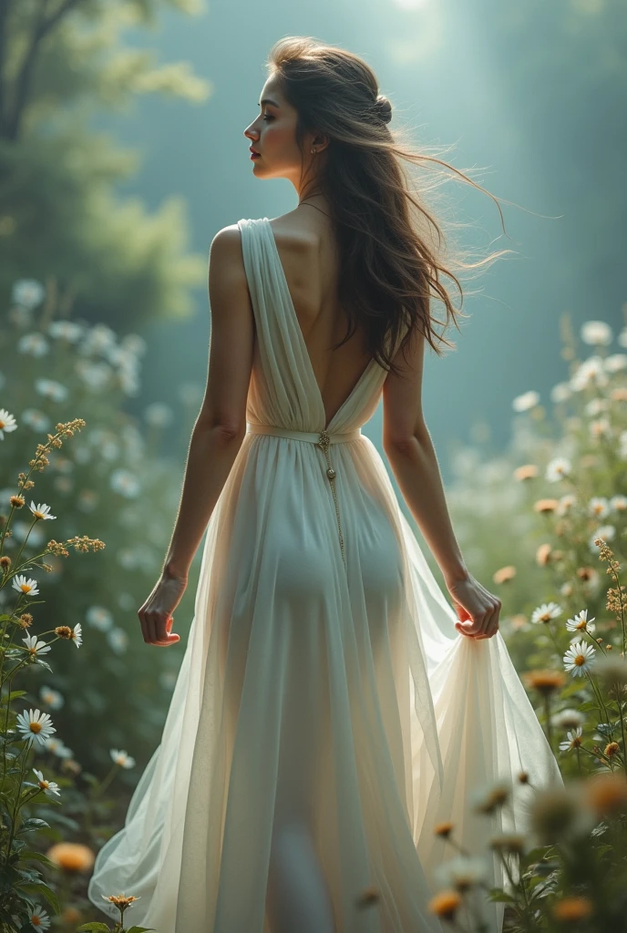 Woman kneeling with her back turned in white dress
