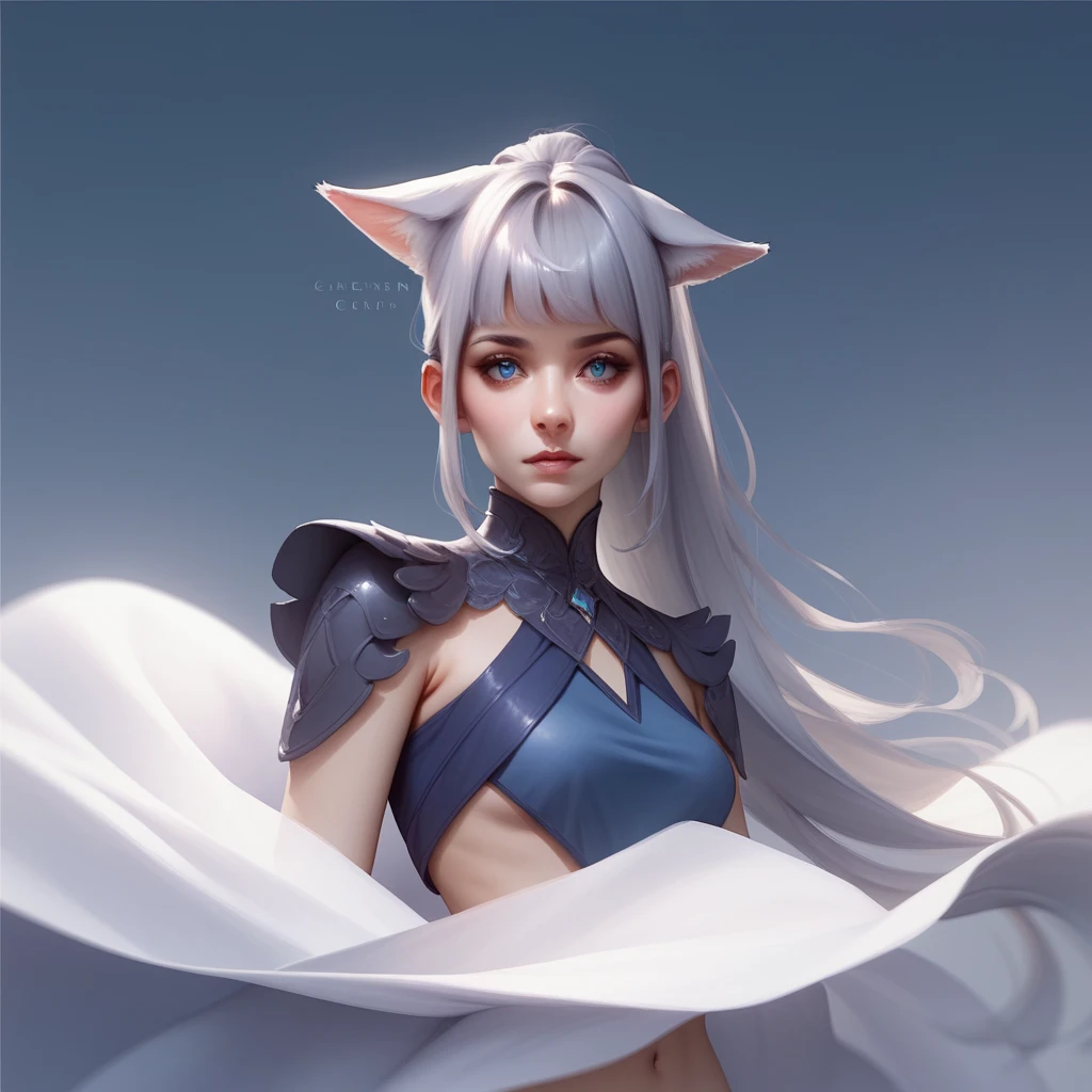 A woman with fox ears and a fox tail, white fur, a black sweater and blue eyes.