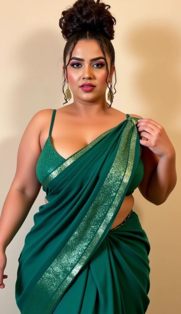 Looks like Indian Actress Ester Noronha, An Extremely gorgeous and beautiful Bengali village woman, 45 yo, pale white skin, sensual appealing body, perfect thick and chubby Beauty, wearing saree bare-chested, wearing a Bengali-style saree without a blouse,, ethnic vintage bengali village woman, bengali style saree, The sari was worn without a blouse and petticoat before the British Raj, baring one's chest or being blouseless, Bengalis a.k.a. Bongs are known for their unique Bengali fashion sense (the way they don that sari makes you go wow), Pre British Raj, Pre colonial era, Bengali Woman draping sari without blouse is a normal thing in pre British Era, bong woman, wearing kajal or kohl or kajol in eyes,