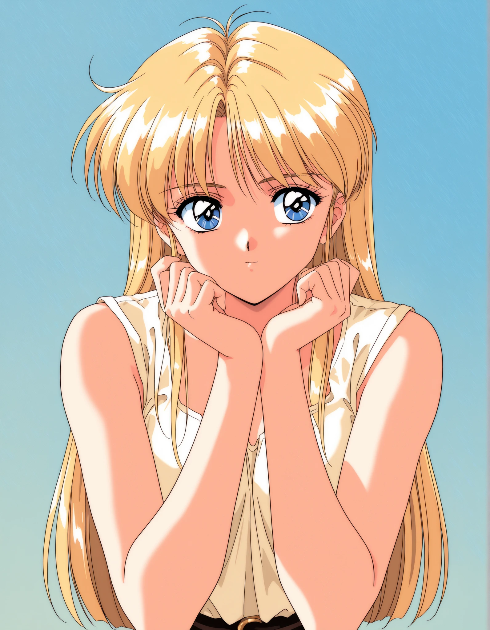 General,highres, ultra-detailed,very aesthetic,best quality ,best hands, BREAK rika, blonde top model, 1990s (style), retro artstyle, game cg Style