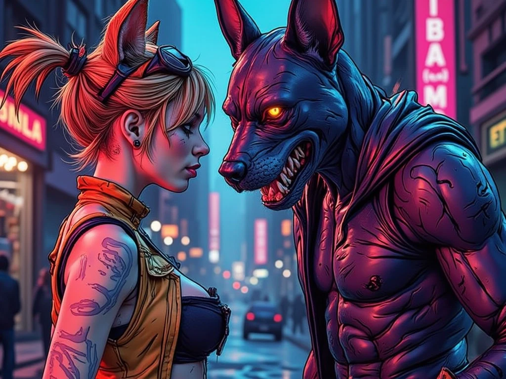 Young werewolf woman, nice ass, with blonde hair, short haircut, wolf ears, fluffy tail, in a pink skirt, With a black pistol in his hand. --auto