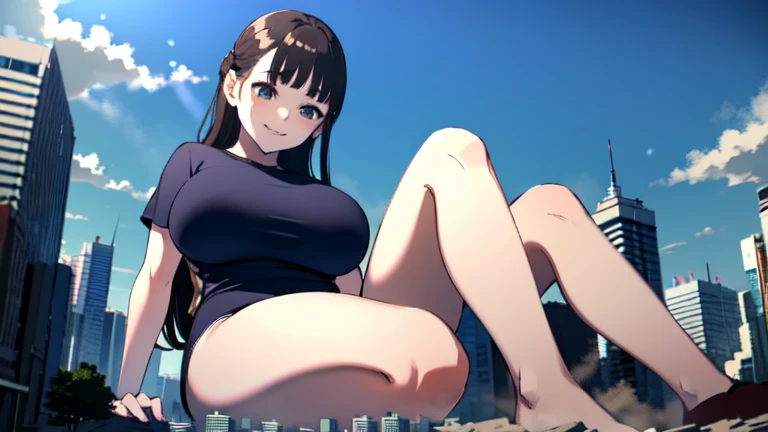 (((Best Quality))), (((Perfectly Anatomy))), (((Accurate Proportions))), ((Perfect Anatomical Accuracy)), ((Perfectly Detailed)), ((Beautiful Rendering)), (((1girl))), (((Perfectly Drawn Hands))), A Cute Young Girl, (17 years-old), with (Beautiful, Lush, Long Light-Brown Hair), (Beautiful Expressive Blue Eyes), Big Breasts, Very wide hips, and a Beautifully Curvy Figure. At the city park, with a beautiful cityscape view in the background. She is wearing a (Cute Red Dress), and a (Black Pleated Skirt).
