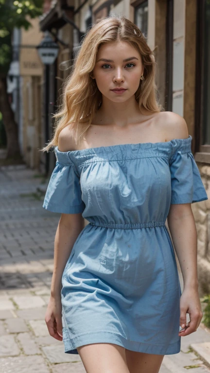 a profesional photo of 1girl mia goth, smile, delicate body, slim body, slender body, small breasts, brown off the shoulder dress, blonde hair, on the street sunbathing, perfect quality, masterpiece, ultradetailed, realistic, photorealistic, intricated details, perfect body proportions, ultraclear, bokeh, realistic lights, , cowboy shot, character focus <lora:Mia_Goth_actress:0.7> <lora:hyperdetailer_v095:0.74>