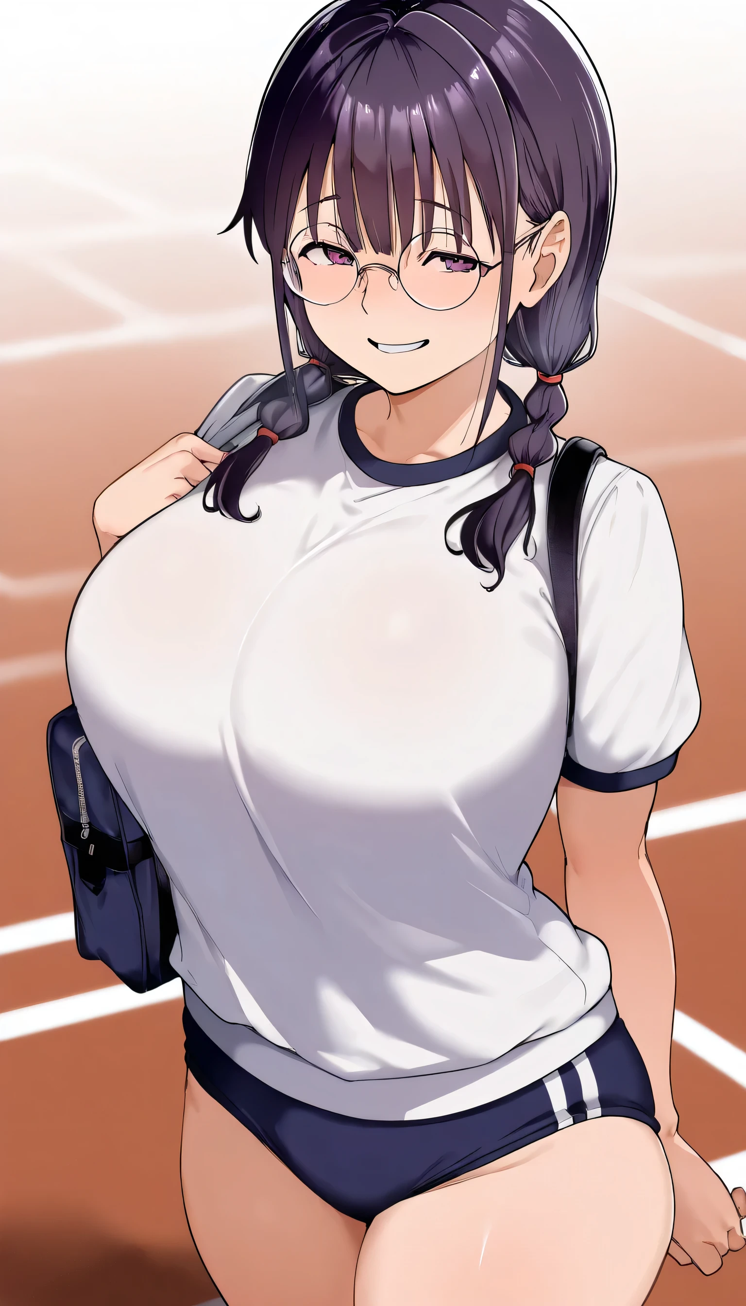 masterpiece,Highest品質,Good Quality,newest,
夜of寝室,
parted lips,
front,smile,
solo,
aTome coloring,
Miyoshi\(nerd_Tomodachi_To_no_sex_of_Highest_To_kimochi_ii\),1人of女of子,紫黒of髪,twin tails on the back,紫と黒of目,round eyewear,
big breasts,
school gym buruma,front