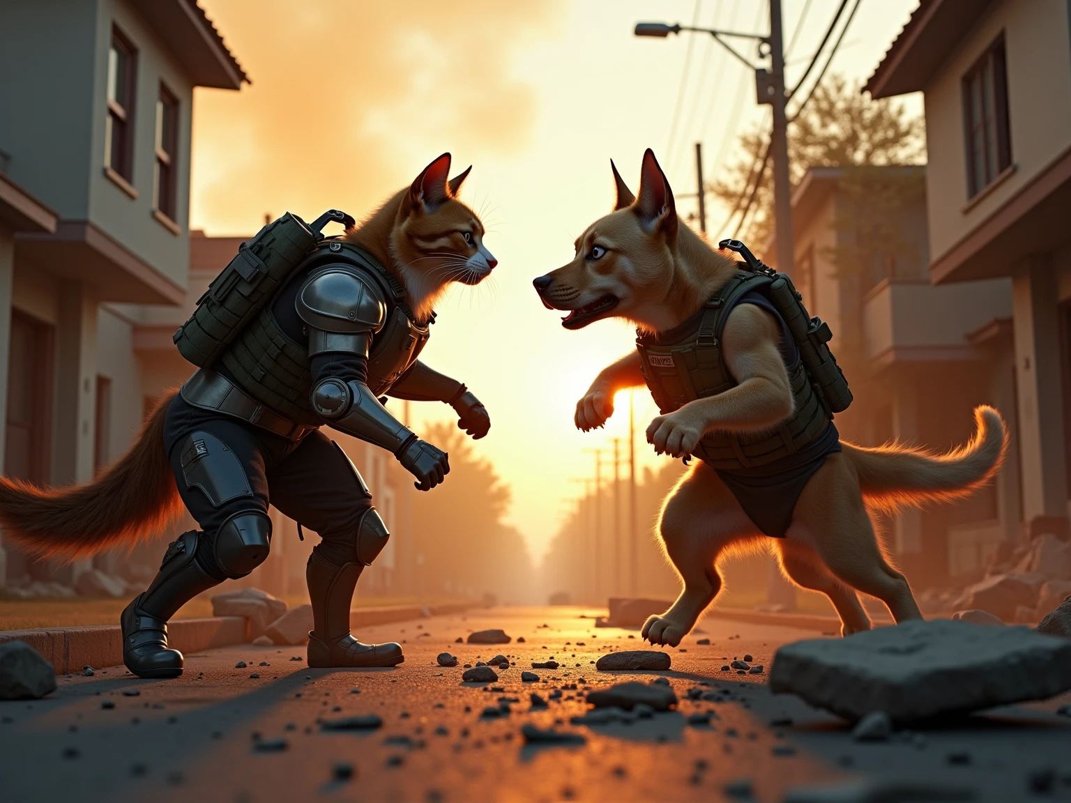 Anime style action scene, dynamic fight between a determined ginger tabby cat and a startled but fierce Shiba Inu dog, mid-air clash, intense energy aura, speed lines, exaggerated facial expressions, dramatic perspective from a low angle, vibrant colors, detailed background of a messy urban alleyway, volumetric lighting, high energy, masterpiece, trending on ArtStation.