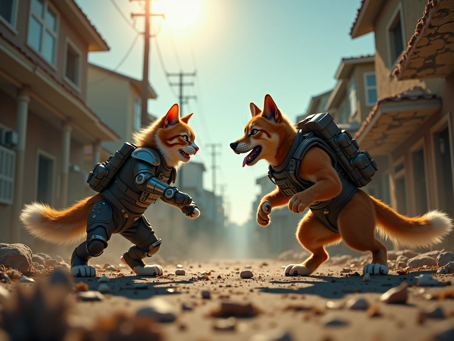 Anime style action scene, dynamic fight between a determined ginger tabby cat and a startled but fierce Shiba Inu dog, mid-air clash, intense energy aura, speed lines, exaggerated facial expressions, dramatic perspective from a low angle, vibrant colors, detailed background of a messy urban alleyway, volumetric lighting, high energy, masterpiece, trending on ArtStation.