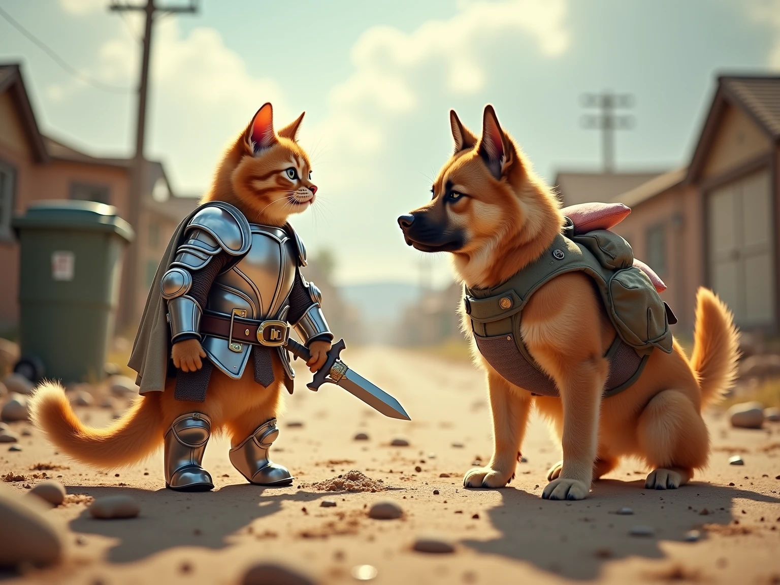 Anime style action scene, dynamic fight between a determined ginger tabby cat and a startled but fierce Shiba Inu dog, mid-air clash, intense energy aura, speed lines, exaggerated facial expressions, dramatic perspective from a low angle, vibrant colors, detailed background of a messy urban alleyway, volumetric lighting, high energy, masterpiece, trending on ArtStation.