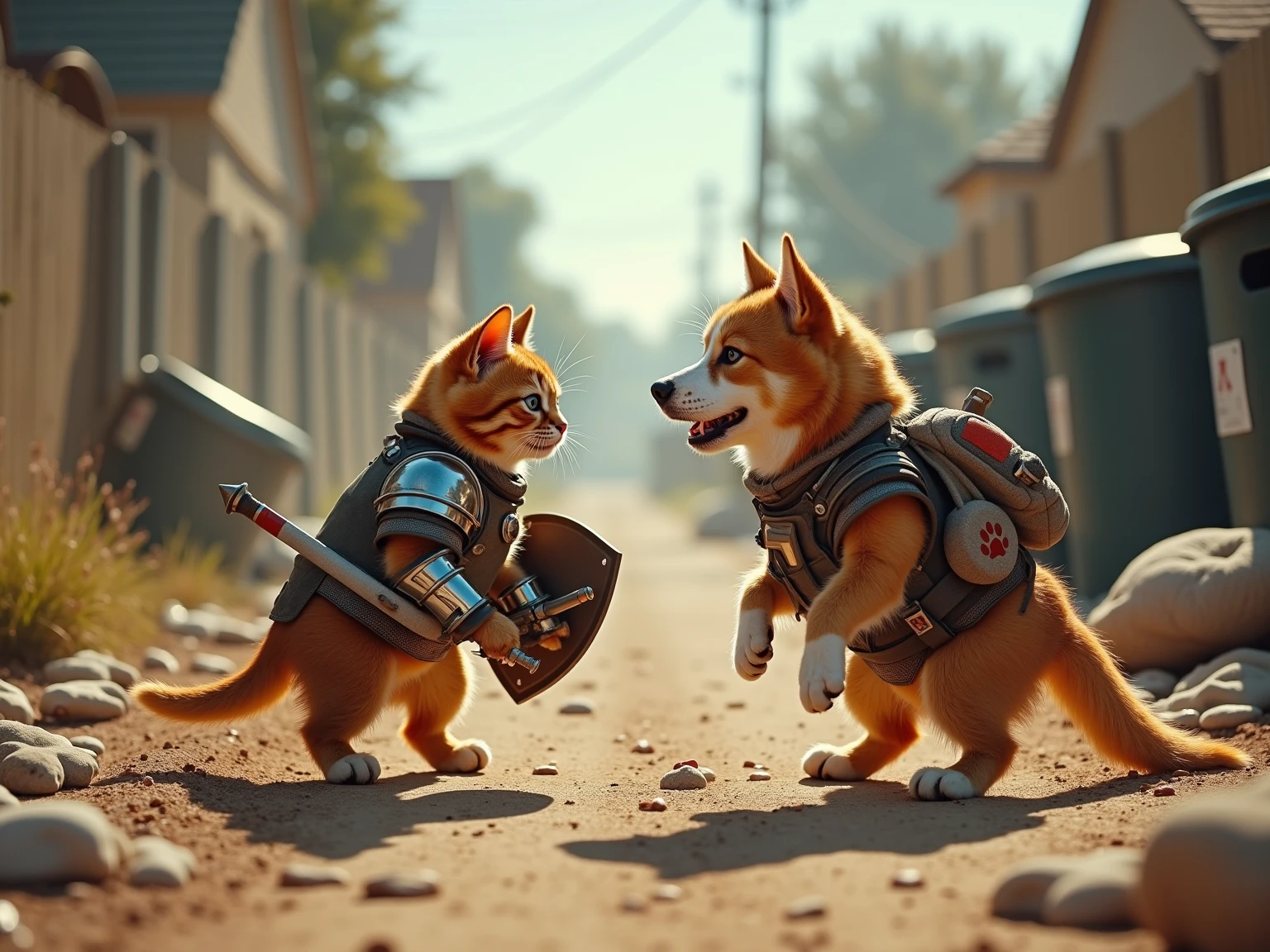 Anime style action scene, dynamic fight between a determined ginger tabby cat and a startled but fierce Shiba Inu dog, mid-air clash, intense energy aura, speed lines, exaggerated facial expressions, dramatic perspective from a low angle, vibrant colors, detailed background of a messy urban alleyway, volumetric lighting, high energy, masterpiece, trending on ArtStation.