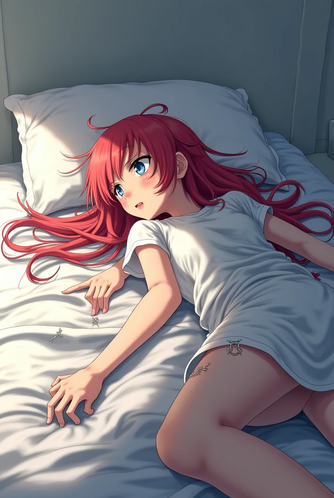 One girl、Red Hair、Ribbon decoration on head、blue eyes、Bloomers at school、Woman wearing white maja at home