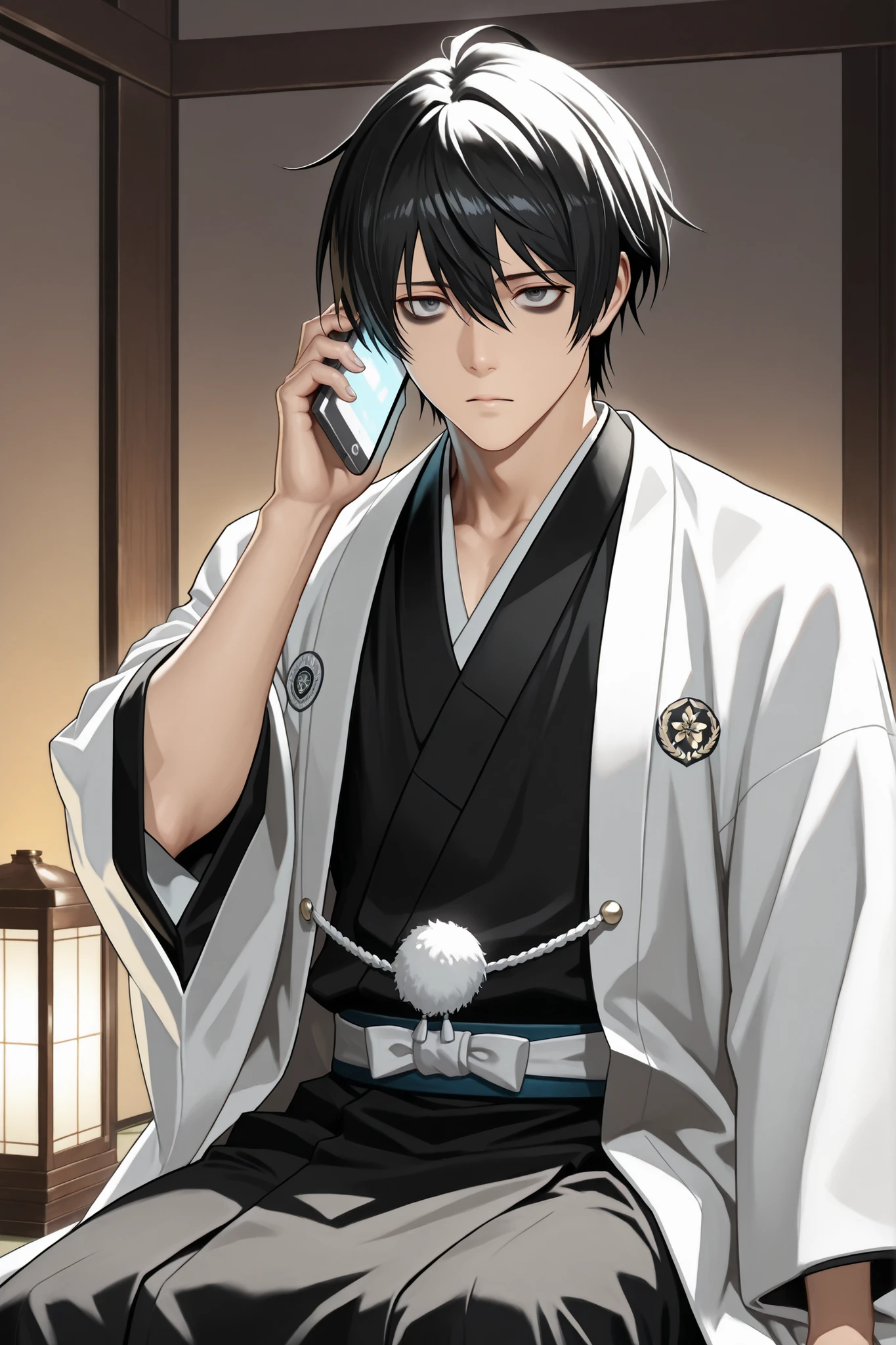 "Masterpiece, ultra-detailed, 4K, HD, cinematic lighting, semi-realistic style. Perfect face, perfect hands, perfect posture. ((cowboy shot)), (((L Lawliet reimagined as a captain of 3rd division))), (((white haori))), ((black kimono)). Best quality, semi-realistic aesthetic, harmonious composition, immersive depth, cinematic lighting. *2D semi-realistic, ((solo)), (((1man))), diplomatic tension in the air, black hair, bags under eyes, talking on phone, ((tired)), one hand on forehead, sitting, ((analyzing data)), perfectly masculine features, look at camera