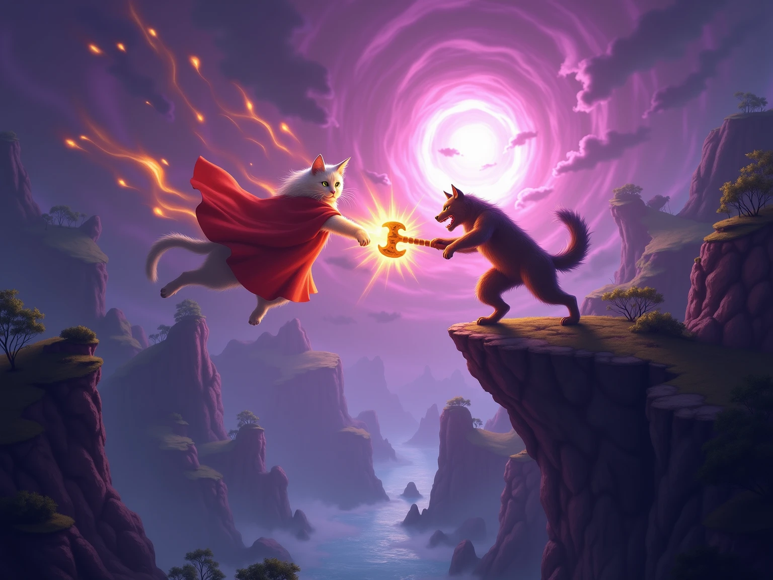 Anime style action scene, dynamic fight between a determined ginger tabby cat and a startled but fierce Shiba Inu dog, mid-air clash, intense energy aura, speed lines, exaggerated facial expressions, dramatic perspective from a low angle, vibrant colors, detailed background of a messy urban alleyway, volumetric lighting, high energy, masterpiece, trending on ArtStation.