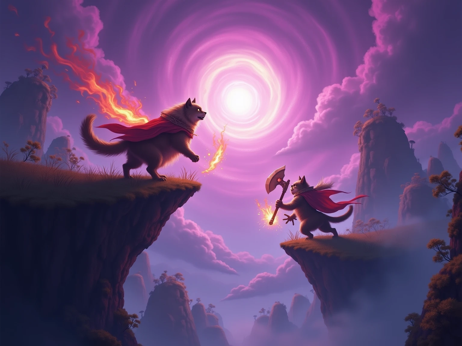 Anime style action scene, dynamic fight between a determined ginger tabby cat and a startled but fierce Shiba Inu dog, mid-air clash, intense energy aura, speed lines, exaggerated facial expressions, dramatic perspective from a low angle, vibrant colors, detailed background of a messy urban alleyway, volumetric lighting, high energy, masterpiece, trending on ArtStation.