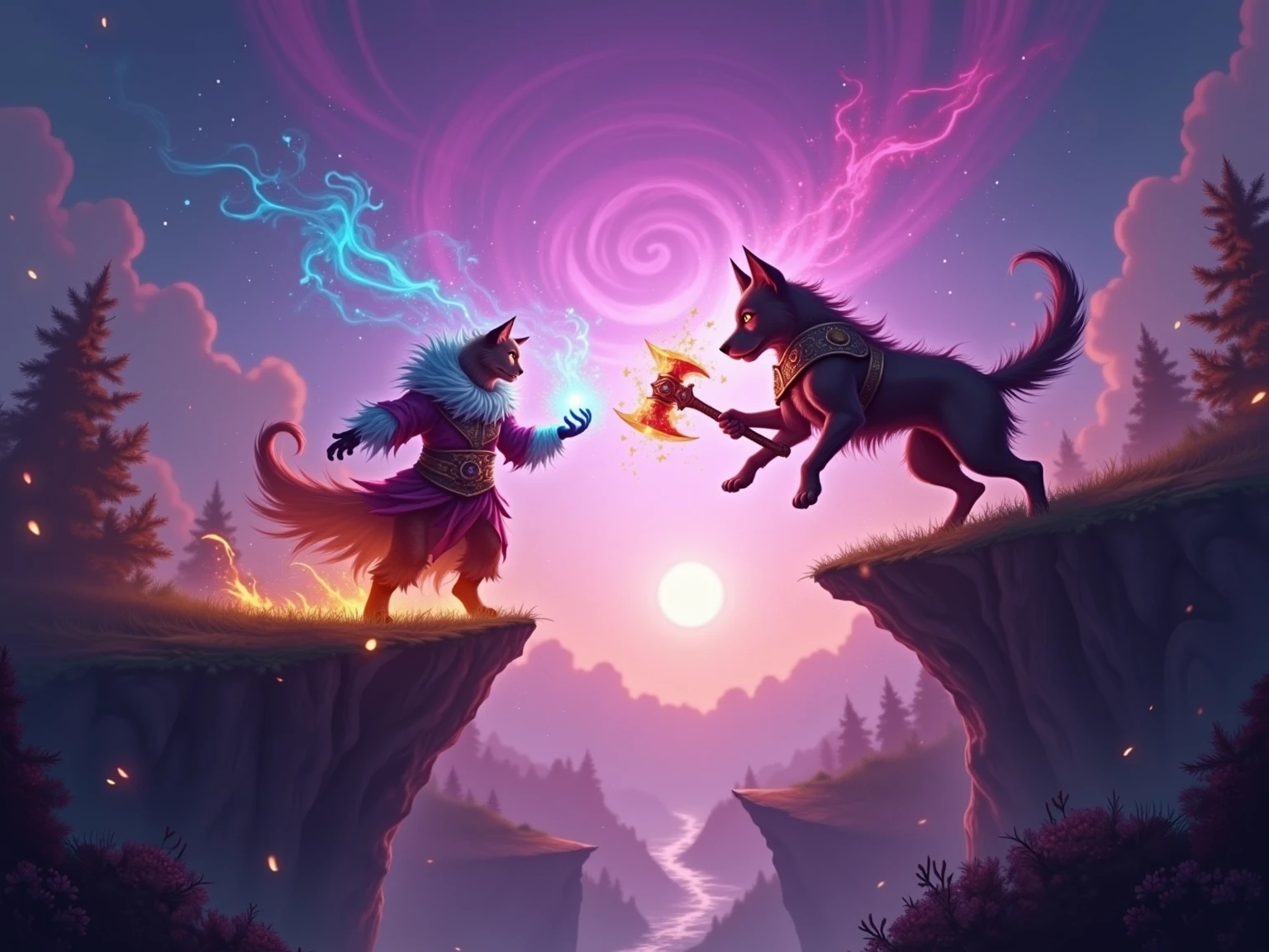 Anime style action scene, dynamic fight between a determined ginger tabby cat and a startled but fierce Shiba Inu dog, mid-air clash, intense energy aura, speed lines, exaggerated facial expressions, dramatic perspective from a low angle, vibrant colors, detailed background of a messy urban alleyway, volumetric lighting, high energy, masterpiece, trending on ArtStation.