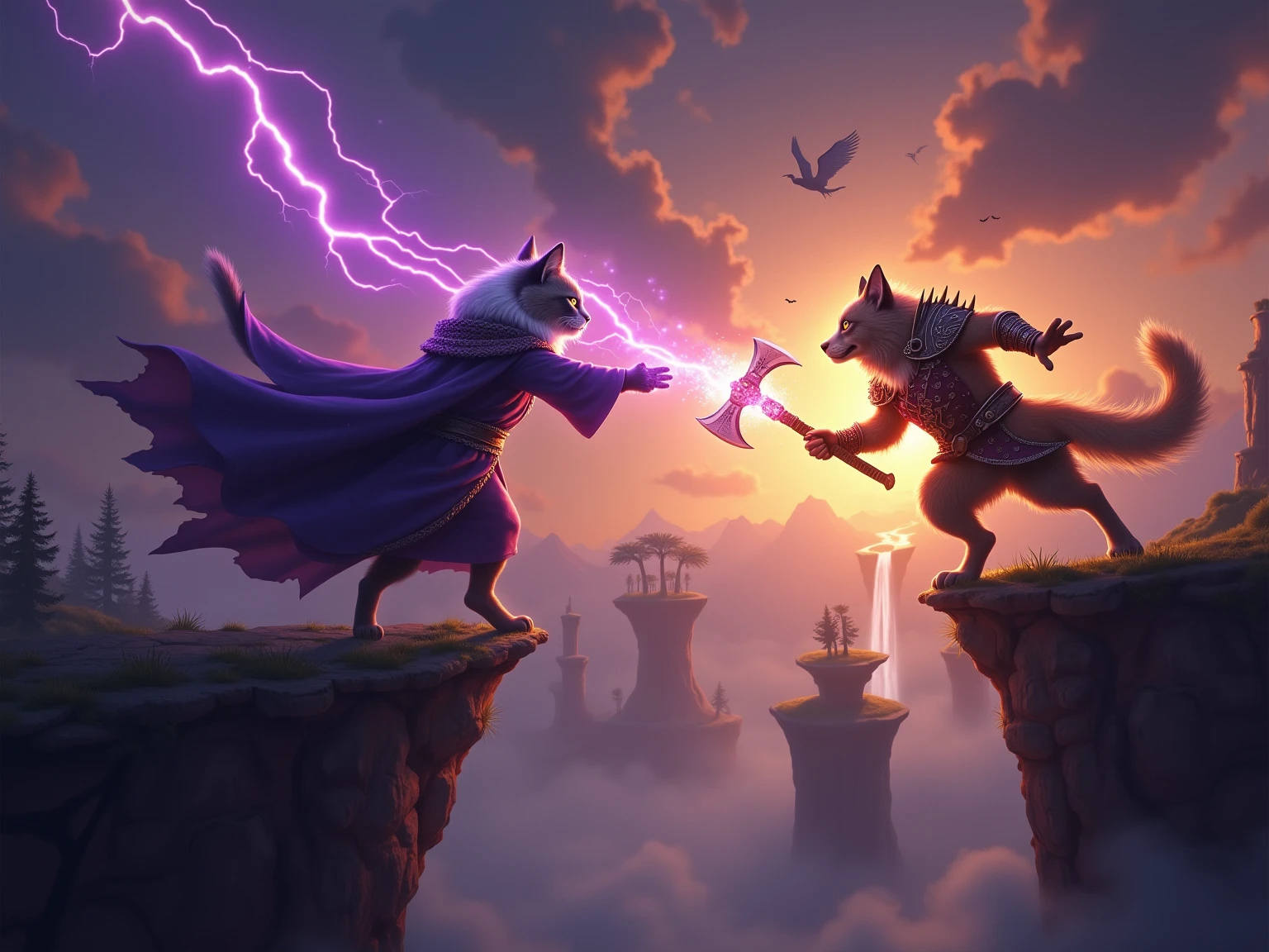 Anime style action scene, dynamic fight between a determined ginger tabby cat and a startled but fierce Shiba Inu dog, mid-air clash, intense energy aura, speed lines, exaggerated facial expressions, dramatic perspective from a low angle, vibrant colors, detailed background of a messy urban alleyway, volumetric lighting, high energy, masterpiece, trending on ArtStation.