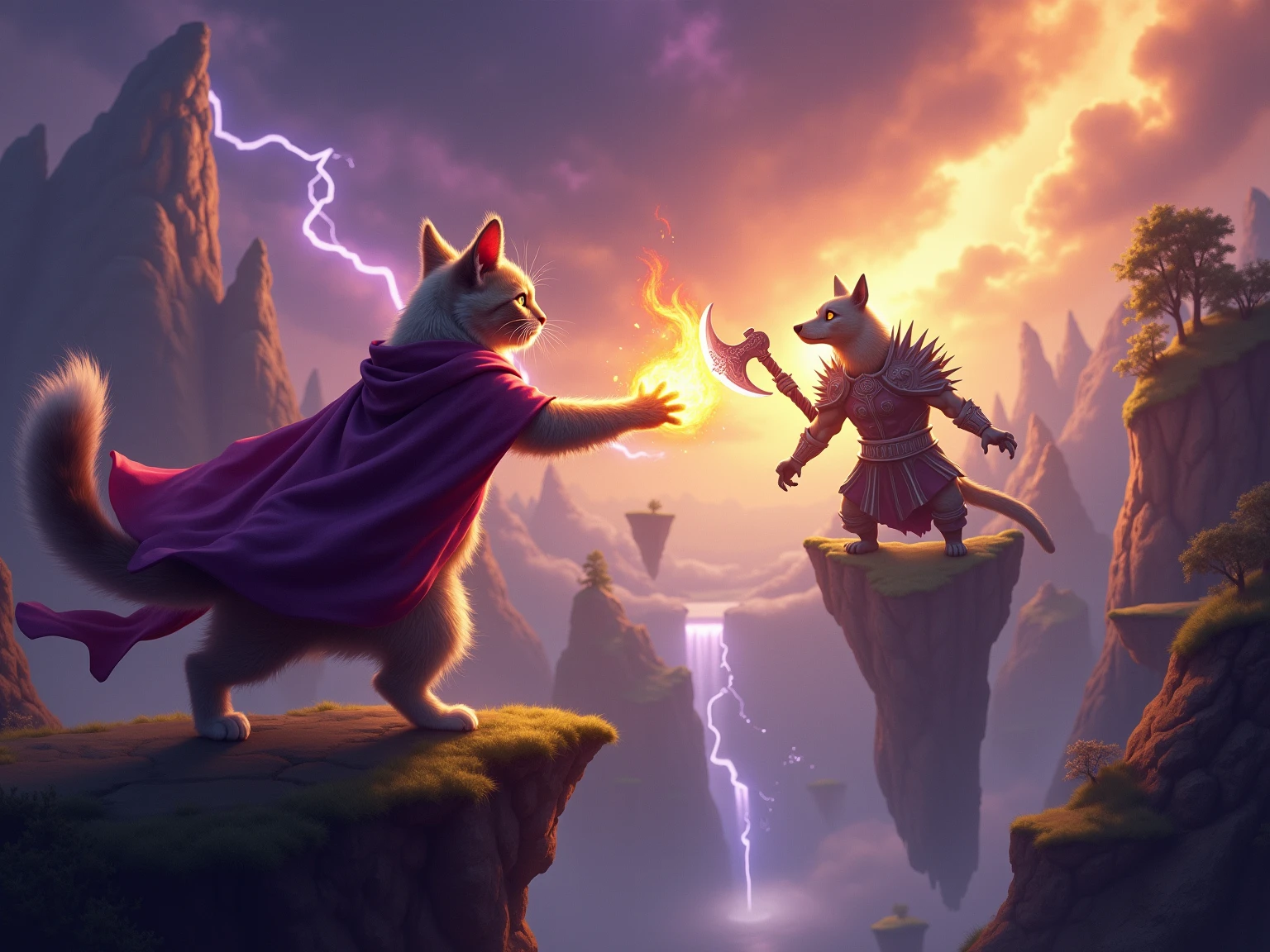 Anime style action scene, dynamic fight between a determined ginger tabby cat and a startled but fierce Shiba Inu dog, mid-air clash, intense energy aura, speed lines, exaggerated facial expressions, dramatic perspective from a low angle, vibrant colors, detailed background of a messy urban alleyway, volumetric lighting, high energy, masterpiece, trending on ArtStation.