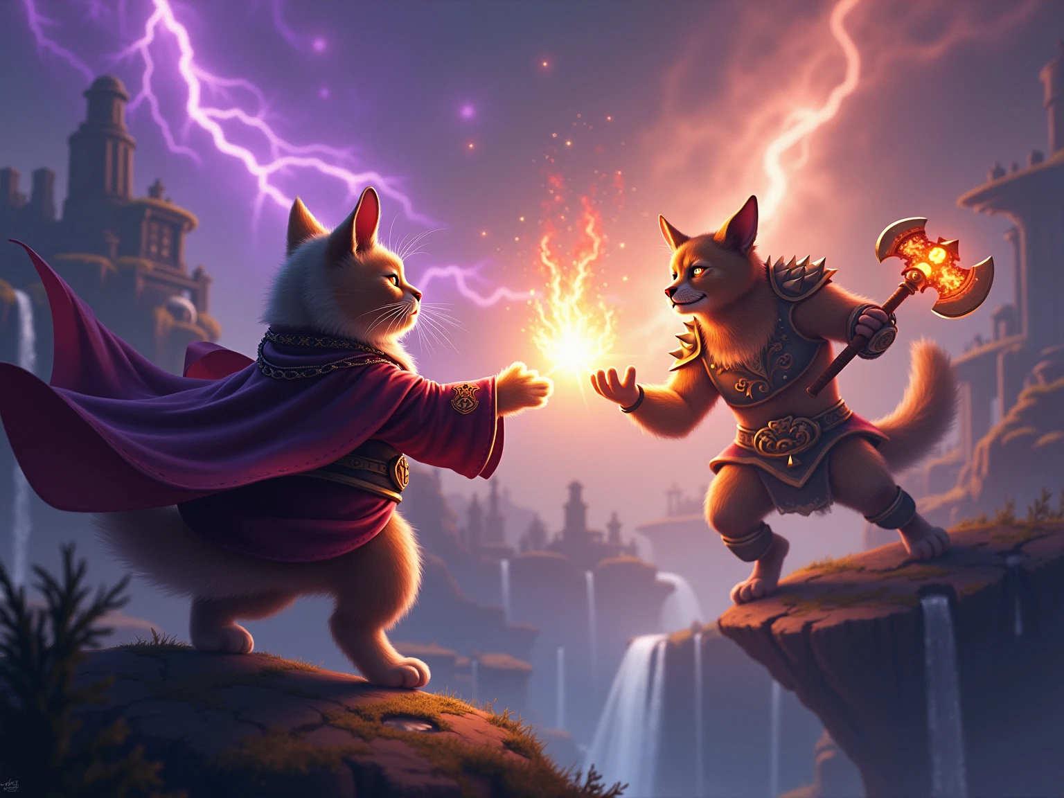 Anime style action scene, dynamic fight between a determined ginger tabby cat and a startled but fierce Shiba Inu dog, mid-air clash, intense energy aura, speed lines, exaggerated facial expressions, dramatic perspective from a low angle, vibrant colors, detailed background of a messy urban alleyway, volumetric lighting, high energy, masterpiece, trending on ArtStation.