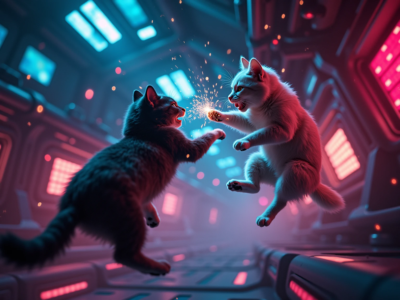 Anime style action scene, dynamic fight between a determined ginger tabby cat and a startled but fierce Shiba Inu dog, mid-air clash, intense energy aura, speed lines, exaggerated facial expressions, dramatic perspective from a low angle, vibrant colors, detailed background of a messy urban alleyway, volumetric lighting, high energy, masterpiece, trending on ArtStation.