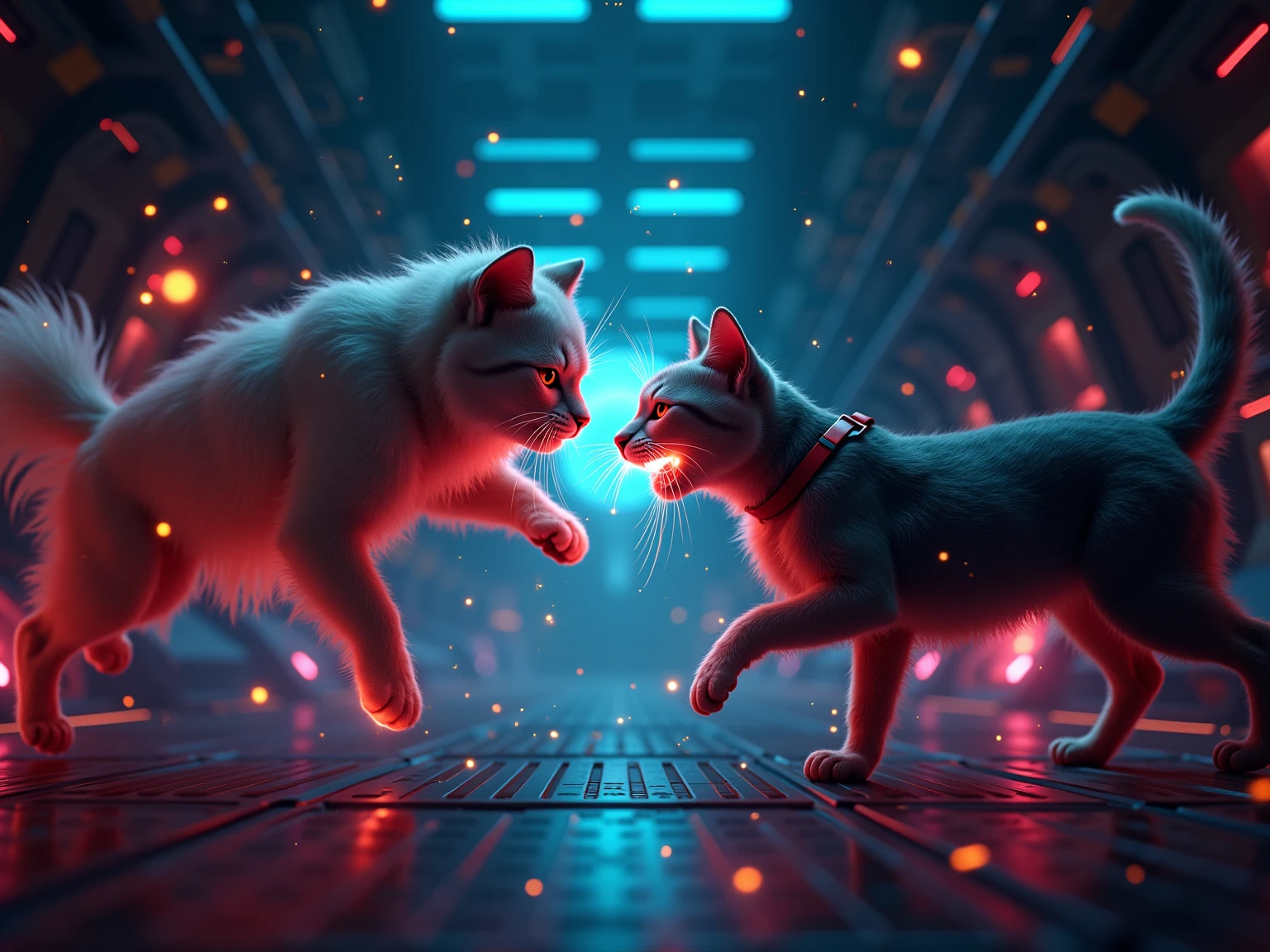 Anime style action scene, dynamic fight between a determined ginger tabby cat and a startled but fierce Shiba Inu dog, mid-air clash, intense energy aura, speed lines, exaggerated facial expressions, dramatic perspective from a low angle, vibrant colors, detailed background of a messy urban alleyway, volumetric lighting, high energy, masterpiece, trending on ArtStation.