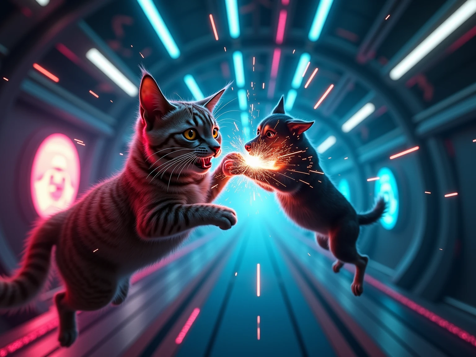 Anime style action scene, dynamic fight between a determined ginger tabby cat and a startled but fierce Shiba Inu dog, mid-air clash, intense energy aura, speed lines, exaggerated facial expressions, dramatic perspective from a low angle, vibrant colors, detailed background of a messy urban alleyway, volumetric lighting, high energy, masterpiece, trending on ArtStation.