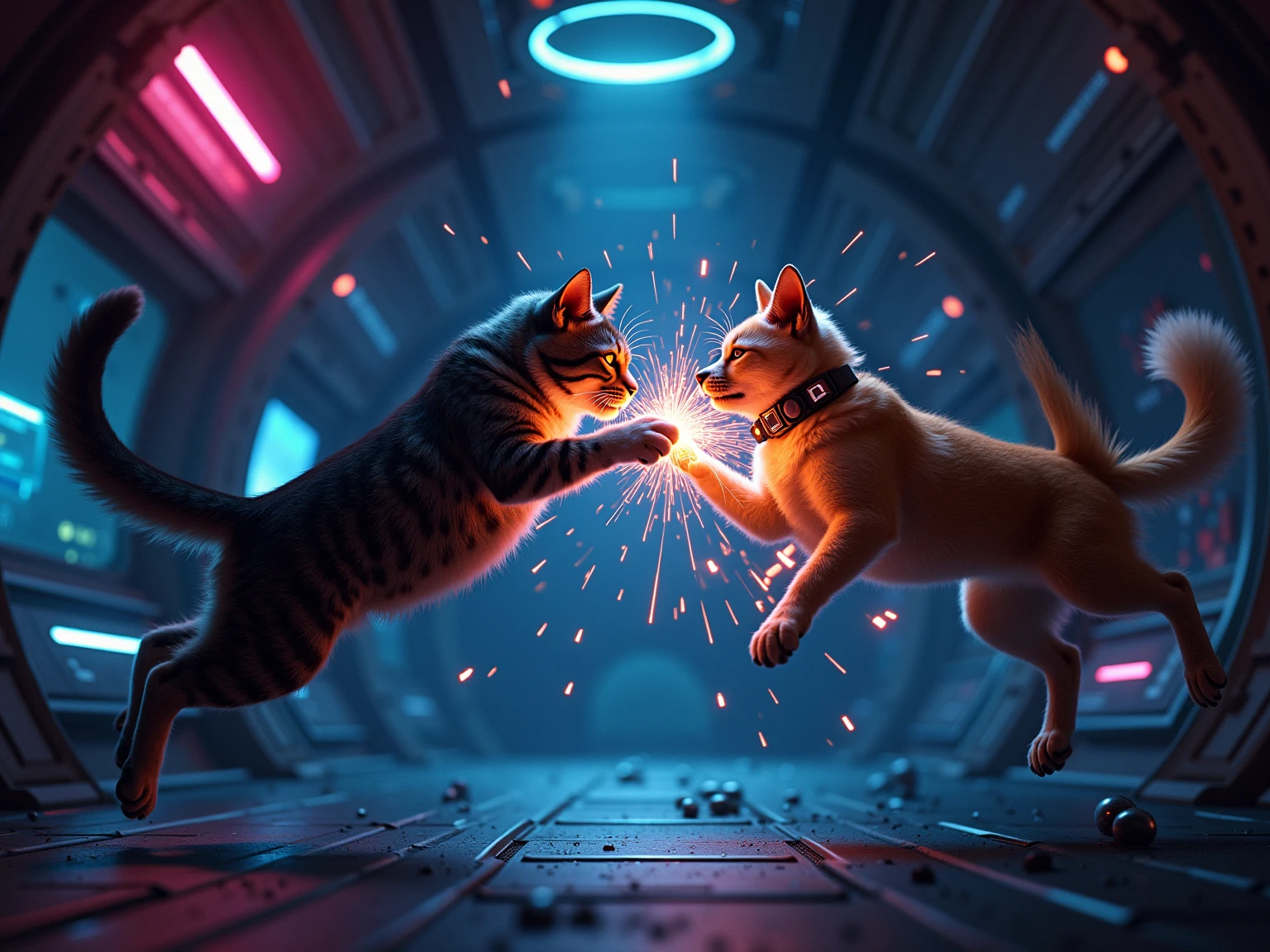 Anime style action scene, dynamic fight between a determined ginger tabby cat and a startled but fierce Shiba Inu dog, mid-air clash, intense energy aura, speed lines, exaggerated facial expressions, dramatic perspective from a low angle, vibrant colors, detailed background of a messy urban alleyway, volumetric lighting, high energy, masterpiece, trending on ArtStation.