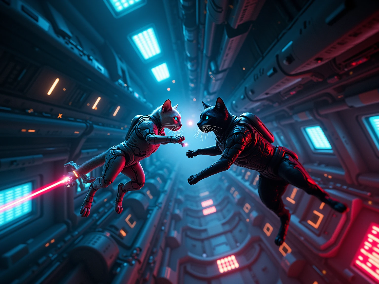 Anime style action scene, dynamic fight between a determined ginger tabby cat and a startled but fierce Shiba Inu dog, mid-air clash, intense energy aura, speed lines, exaggerated facial expressions, dramatic perspective from a low angle, vibrant colors, detailed background of a messy urban alleyway, volumetric lighting, high energy, masterpiece, trending on ArtStation.
