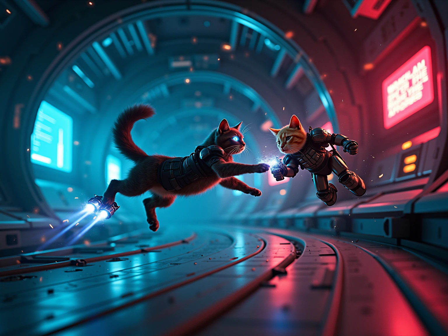 Anime style action scene, dynamic fight between a determined ginger tabby cat and a startled but fierce Shiba Inu dog, mid-air clash, intense energy aura, speed lines, exaggerated facial expressions, dramatic perspective from a low angle, vibrant colors, detailed background of a messy urban alleyway, volumetric lighting, high energy, masterpiece, trending on ArtStation.