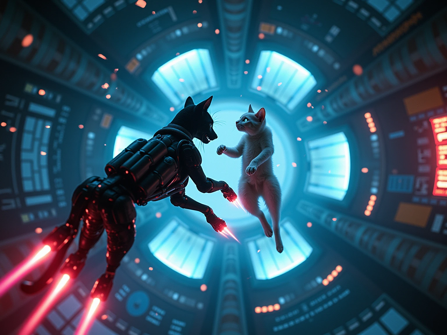 Anime style action scene, dynamic fight between a determined ginger tabby cat and a startled but fierce Shiba Inu dog, mid-air clash, intense energy aura, speed lines, exaggerated facial expressions, dramatic perspective from a low angle, vibrant colors, detailed background of a messy urban alleyway, volumetric lighting, high energy, masterpiece, trending on ArtStation.