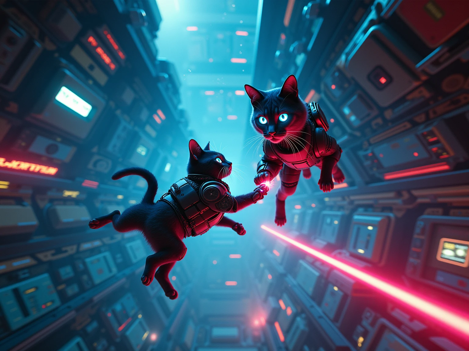 Anime style action scene, dynamic fight between a determined ginger tabby cat and a startled but fierce Shiba Inu dog, mid-air clash, intense energy aura, speed lines, exaggerated facial expressions, dramatic perspective from a low angle, vibrant colors, detailed background of a messy urban alleyway, volumetric lighting, high energy, masterpiece, trending on ArtStation.