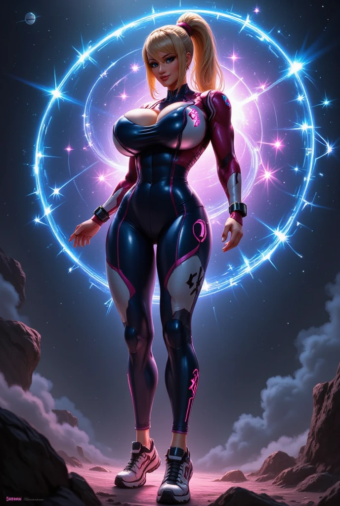 (masterpiece:1.2),(Highest quality),(Very detailed:1.2),(Ultra-high resolution),(Realistic),(RAW Photos:1.4),8K,wallpaper,Perfect Anatomy,1 female,Full Body Shot,Mature Woman,blonde,ponytail,((Big Breasts)),(((Thick thighs))),((Woman in a very shiny latex Samus Zero suit)),(Samus Aran),(Colorful digital art),(3D neon art of female body),(A colorful aura emanating from the body),Psychic Trance Artwork,Space and Dimension Warrior,Portrait of the Goddess,fantasy digital art,Cosmic aura,universe space,(((Cowboy Shot))),(((hand)))