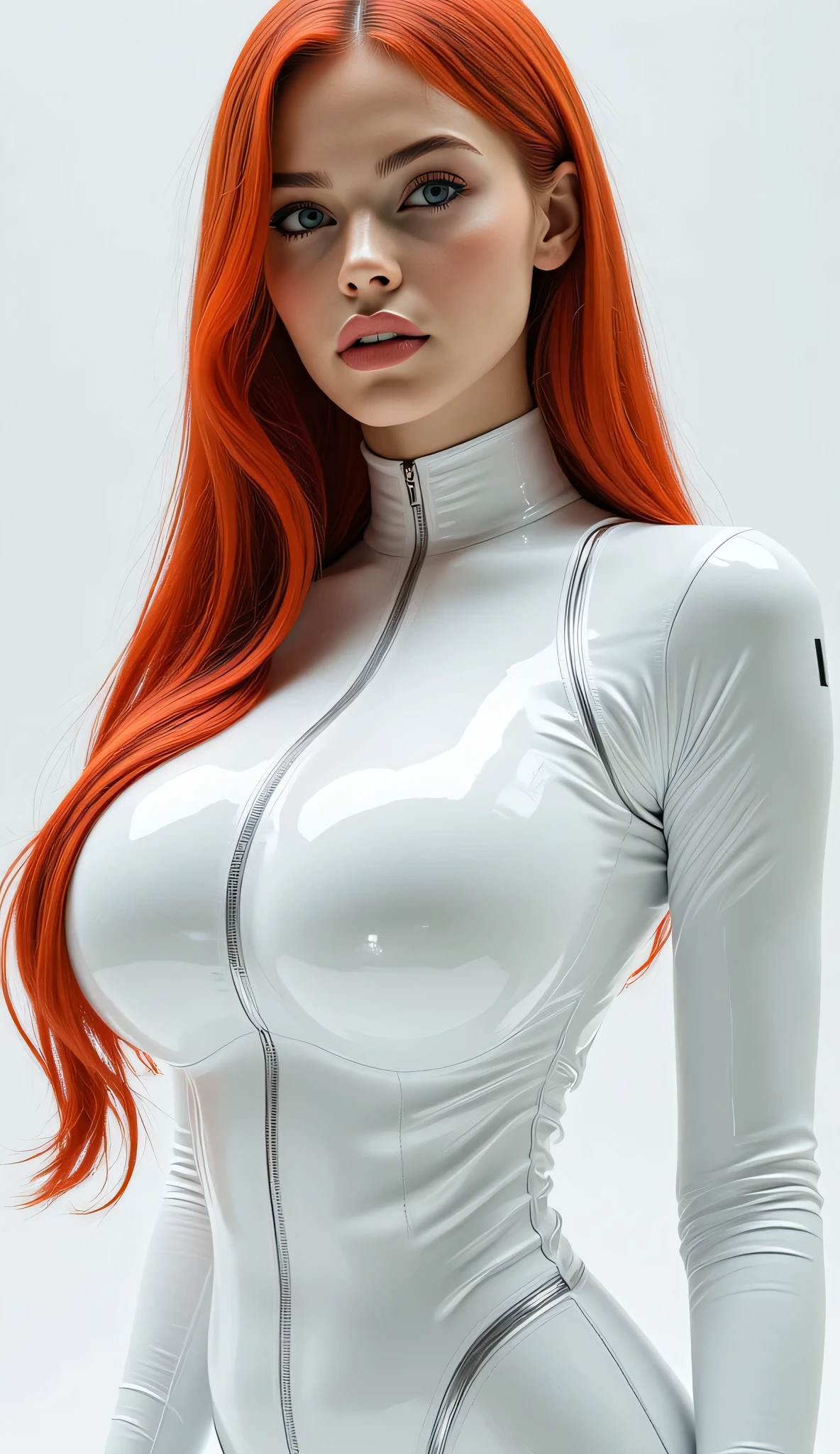 perfectly framed in the image, futuristic a beautiful woman with long red hair, large round breasts, white latex bodysuit