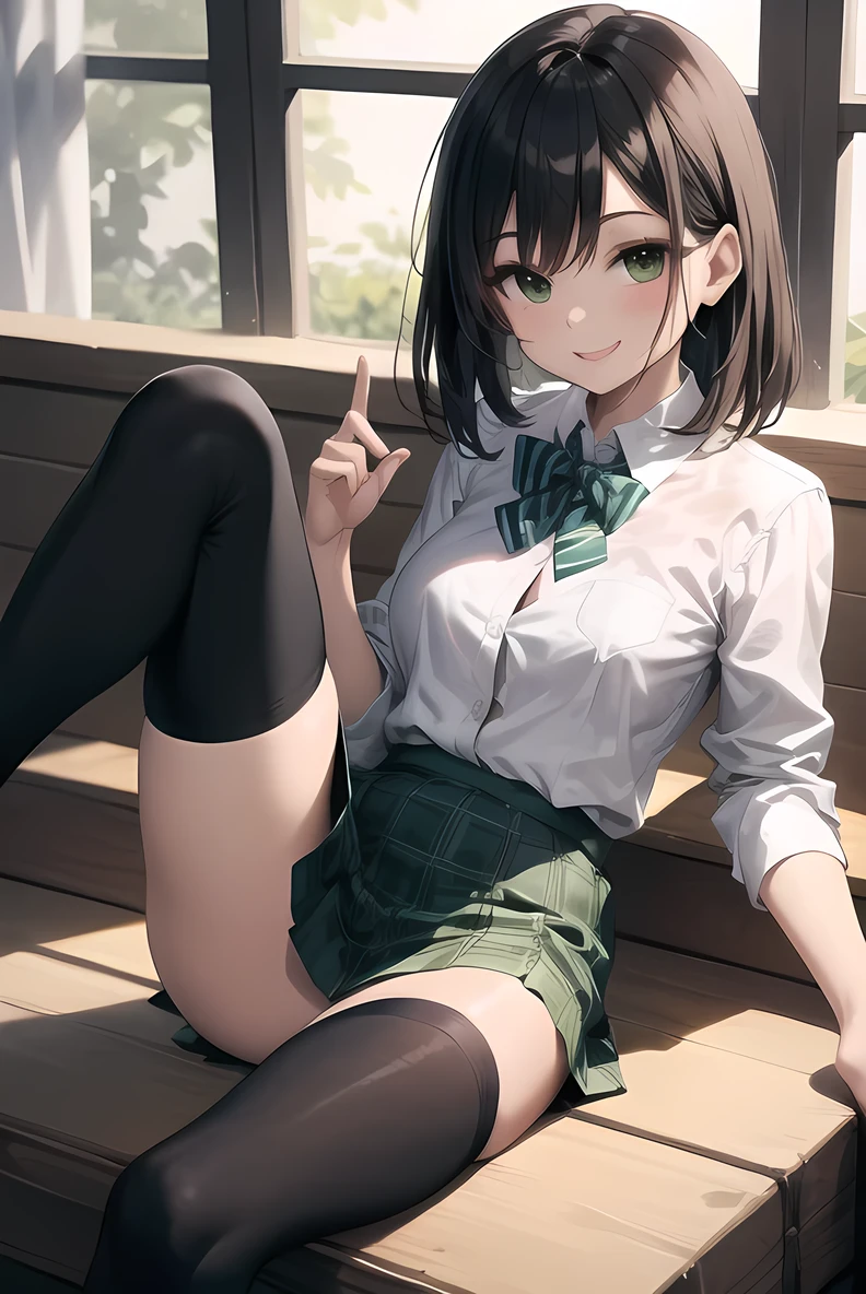 (Top quality illustrations:1.2), (cute女の子:1.1), (One girl, solo:1.5), (One girl、、Childish、One Pose、cute、Neat and clean image、Small breasts:1.5、Highly detailed eyes:1.2)、Shooting from below、Low - Angle、Upskirt、Anatomically correct、pantyhose、White panties(small ,Flat Chest:1.1)、((Brown eyes、brown hair:1.5))、(Short Hair)、Laughter、Wavy Hair、Curly Hair、bangs、Low twin tails、Short Twin Tails、((Sexy pose:1.2)), Dynamic Angle, One girl, alone, Cute delicate eyes,、Sit on the stairs, (Black socks:1.4),Dark Blue Blazer、White shirt、Blue Ribbon、Pleated skirt、 Brown Loafers, Outdoor, Green leaves、sunlight、Light of the sun,8K,