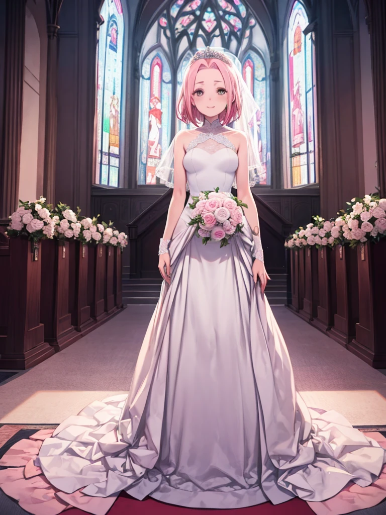 Haruno sakura, ((alone)), alone, bride, Wearing a white wedding dress, Queen, Happy, ((Show your forehead)), Are standing, Entering the Church, Pink Hair, short hair, delicate, young, short hair, Detailed face, High resolution, ((whole body)), (Flowers around her), whole body, she is a beautiful woman getting married, High quality face, beautiful, Shine Completely naked Big Breasts