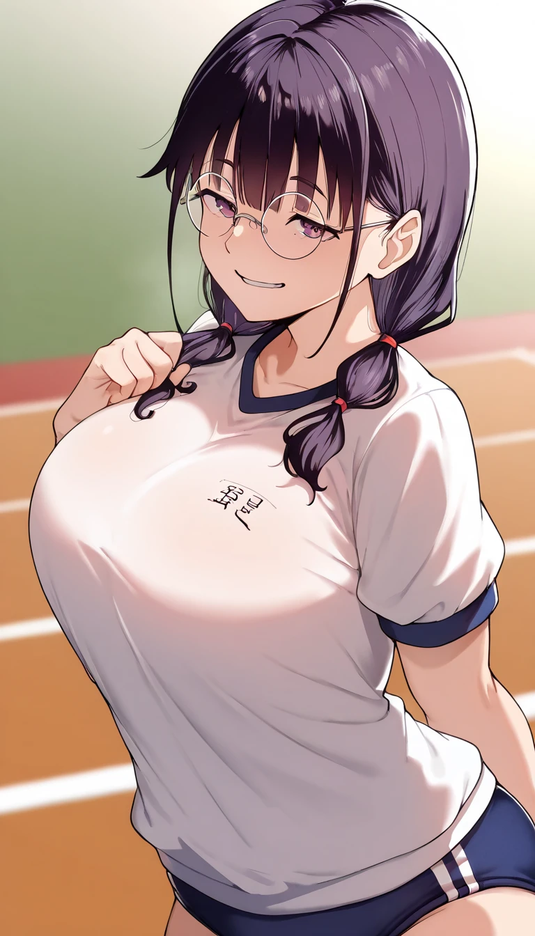 score_9, score_8_up, score_7_up, score_6_up, score_5_up, score_4_up, BREAK, source_anime, anime screencap, anime coloring, 1girl, stiff-looking beautiful female teacher, solo, perfect anatomy, black hair, medium bob hair, asymmetry_bangs, forehead, brown eyes, hair behind ear, glasses, serious, looking at viewer, sweat, (skintight, very tight gym uniform, white shirt, shirt-in, under sized micro blue buruma, zettai ryouiki white thighhighs), sagging huge_breasts, tarechichi, erect nipples, thigh gap, indoor, gym, hand on hip, standing, (unshaven hairy natural public hair:1.2)