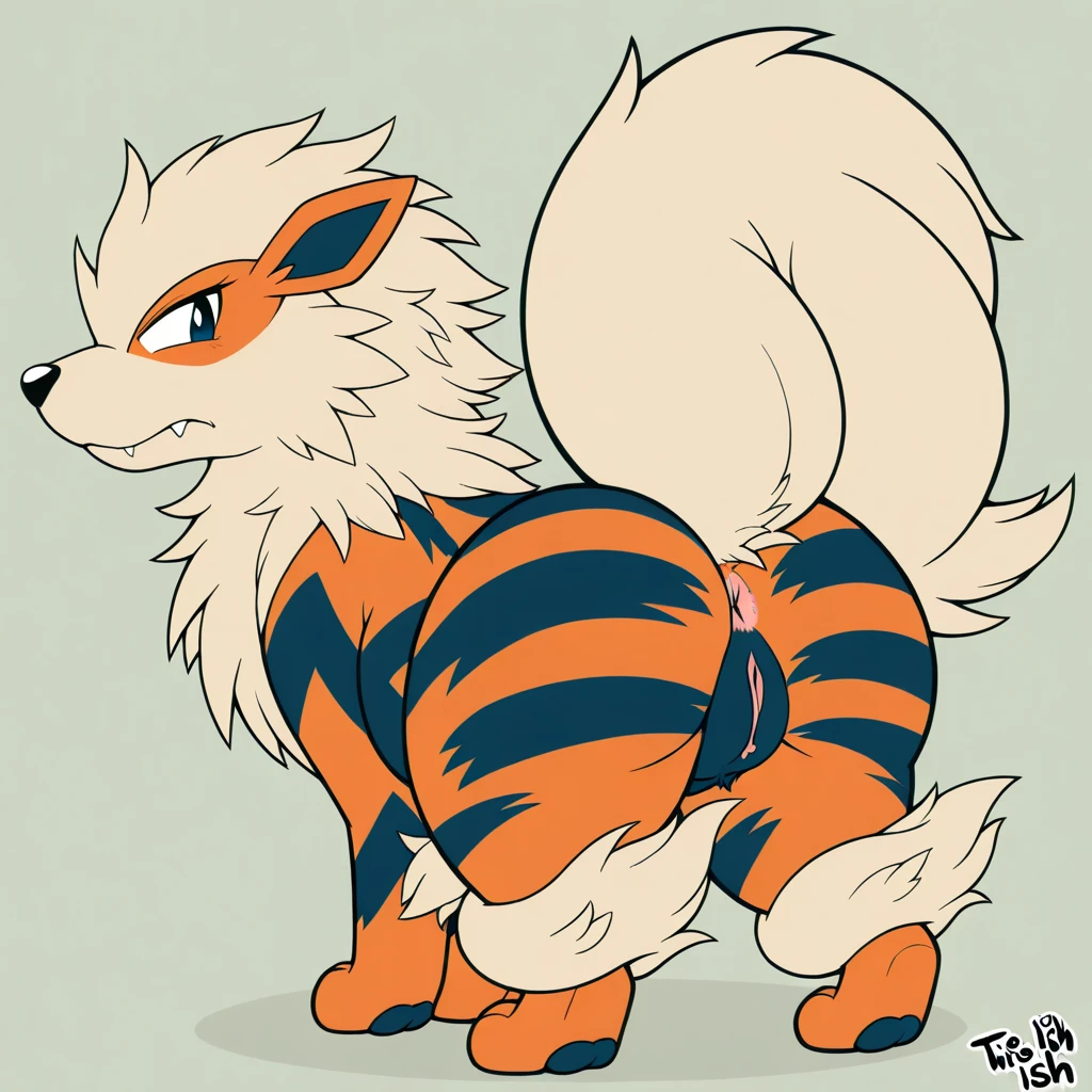 Art by ssssnowy,posted on e621,solo,male arcanine,knot,balls,feral,quadruped,confident,sketch art,big butt,rear view,knot backwards,seductive