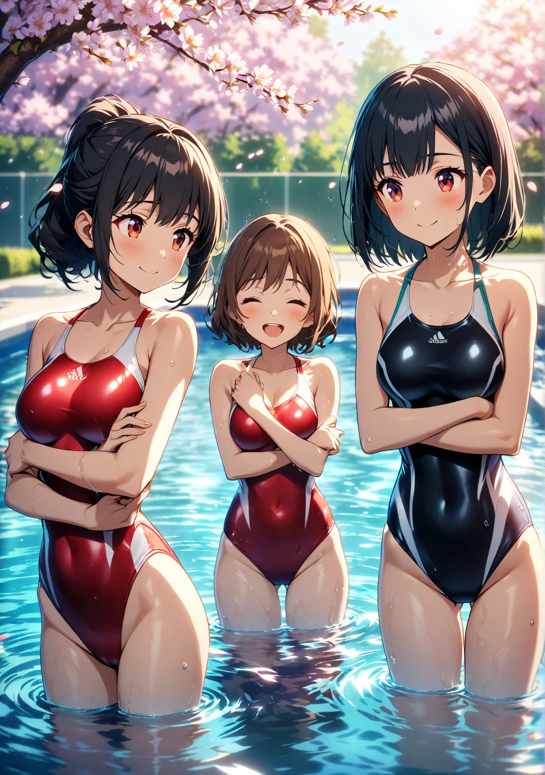 ((Three Women:1.6))、((Playing together in the pool on a sunny summer day))。((The first character is、Long blonde hair、Blue Eyes、I'm wearing a pink bikini。She is bright、Sociable and、Smiling and having fun in the water。The second character is、Short black hair、Green Eyes、I'm wearing a blue swimsuit。She is cool and intelligent、Relaxing by the pool with your feet in the water。The third character is、Wavy brown hair、Brown eyes、Wearing sporty swimsuit。She is lively and active、About to jump off the diving board))。They are all、Laughing happily、We are having a great time together。In the background there is a clear blue sky and green trees々I can see、The pool is filled with refreshing blue water.。