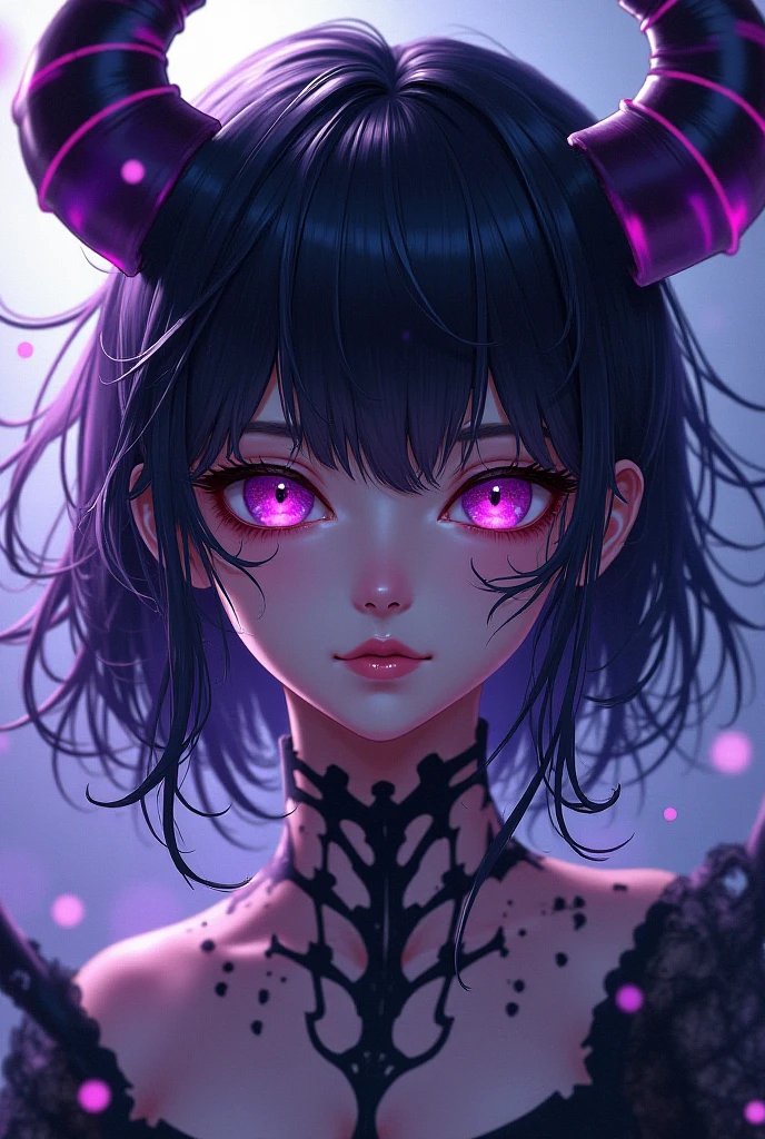 Masterpiece artwork, best qualityer, 1 girl, herzha, (teeths: 0,8), oni horns, pink sclera, slit pupils, ironic smile