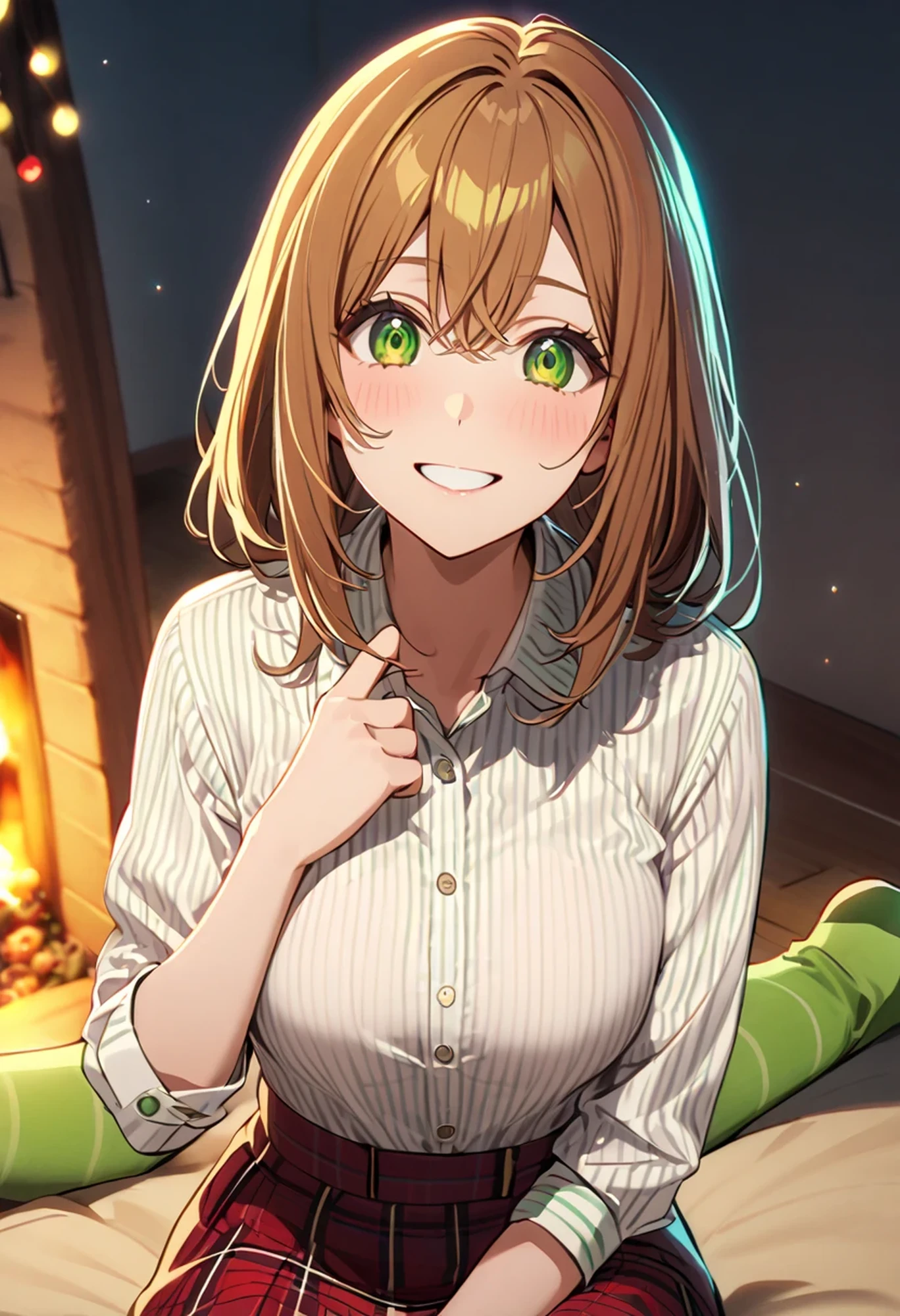 highly detailed 美しい face and eyes, I'm wearing a plaid skirt and white shirt, I wear a striped shirt and dark pants and green socks, thoughtful gestures and bright smiles showing a festive and playful vibe.